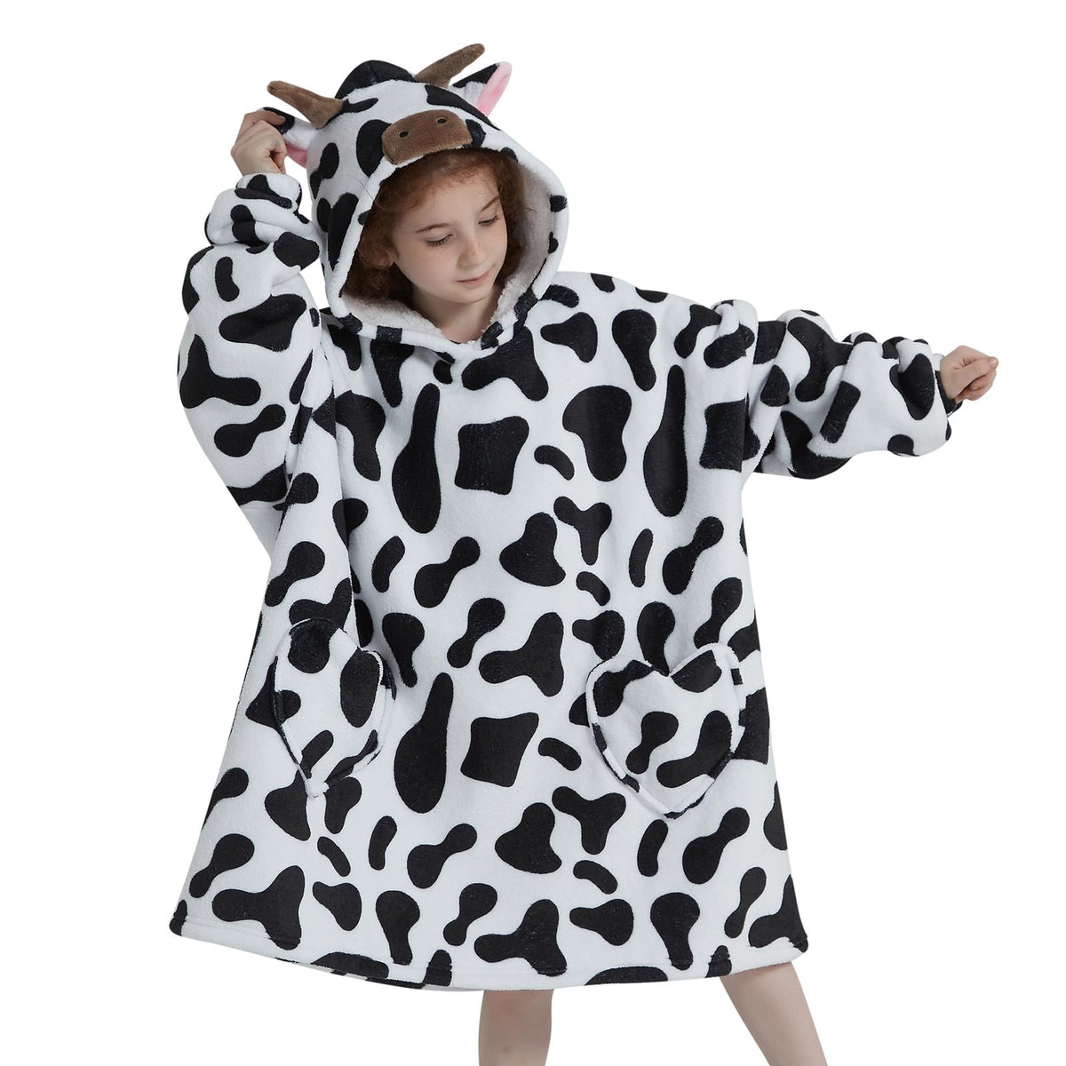 Mewkou Cow Print Wearable Blanket Hoodie For Kids 6-13Yr,Oversized Sherpa Blanket Hoodie,Gifts For Girls Boys Toddler Birthday C