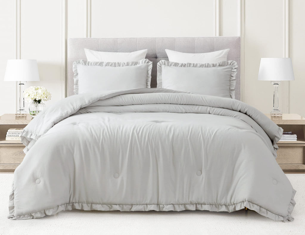 Chezmoi Collection Nora 2-Piece Ruffled Edge Trim Soft Washed Microfiber Comforter Set (Twin, Light Gray)