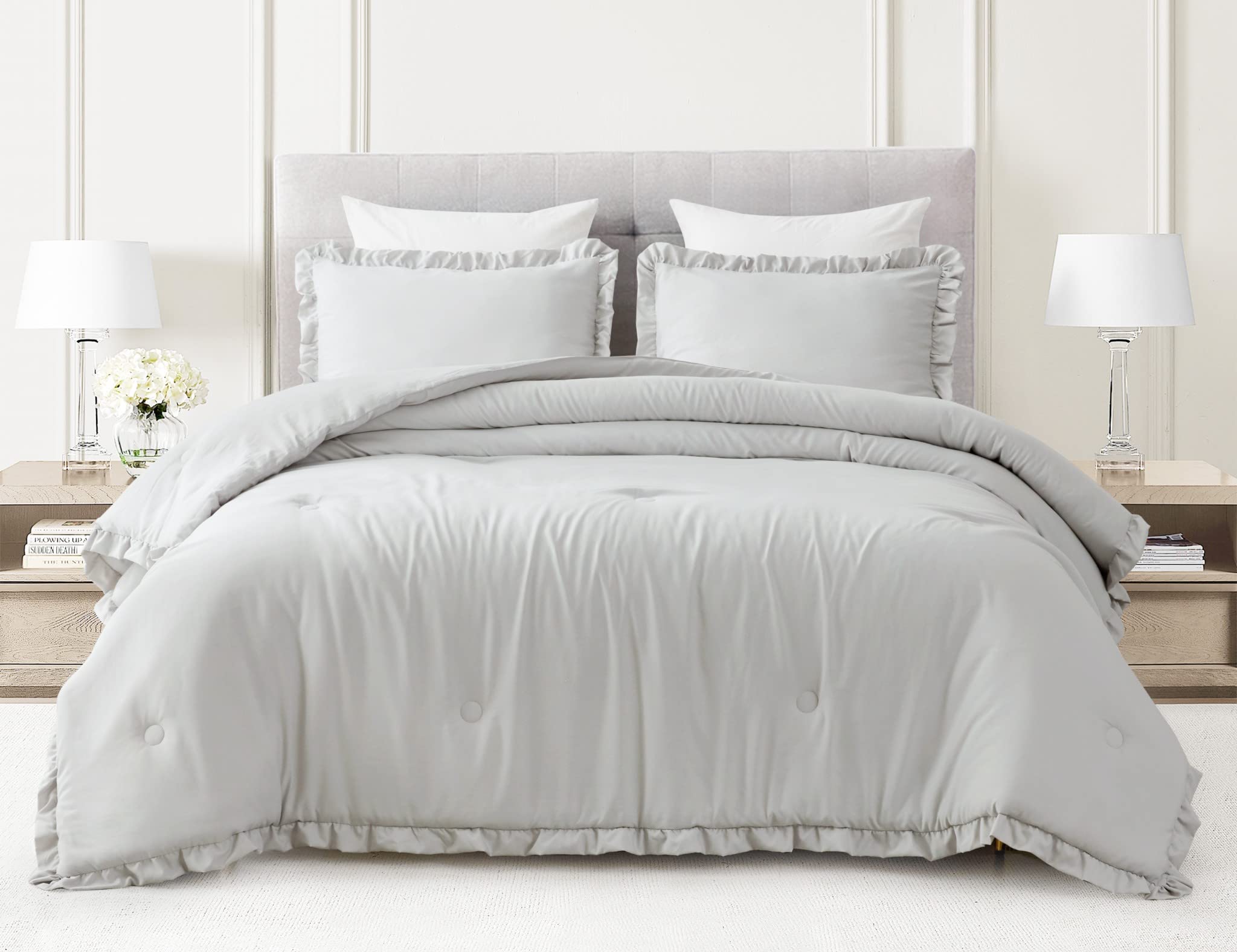 Chezmoi Collection Nora 3-Piece Ruffled Edge Trim Soft Washed Microfiber Comforter Set (Full, Light Gray)