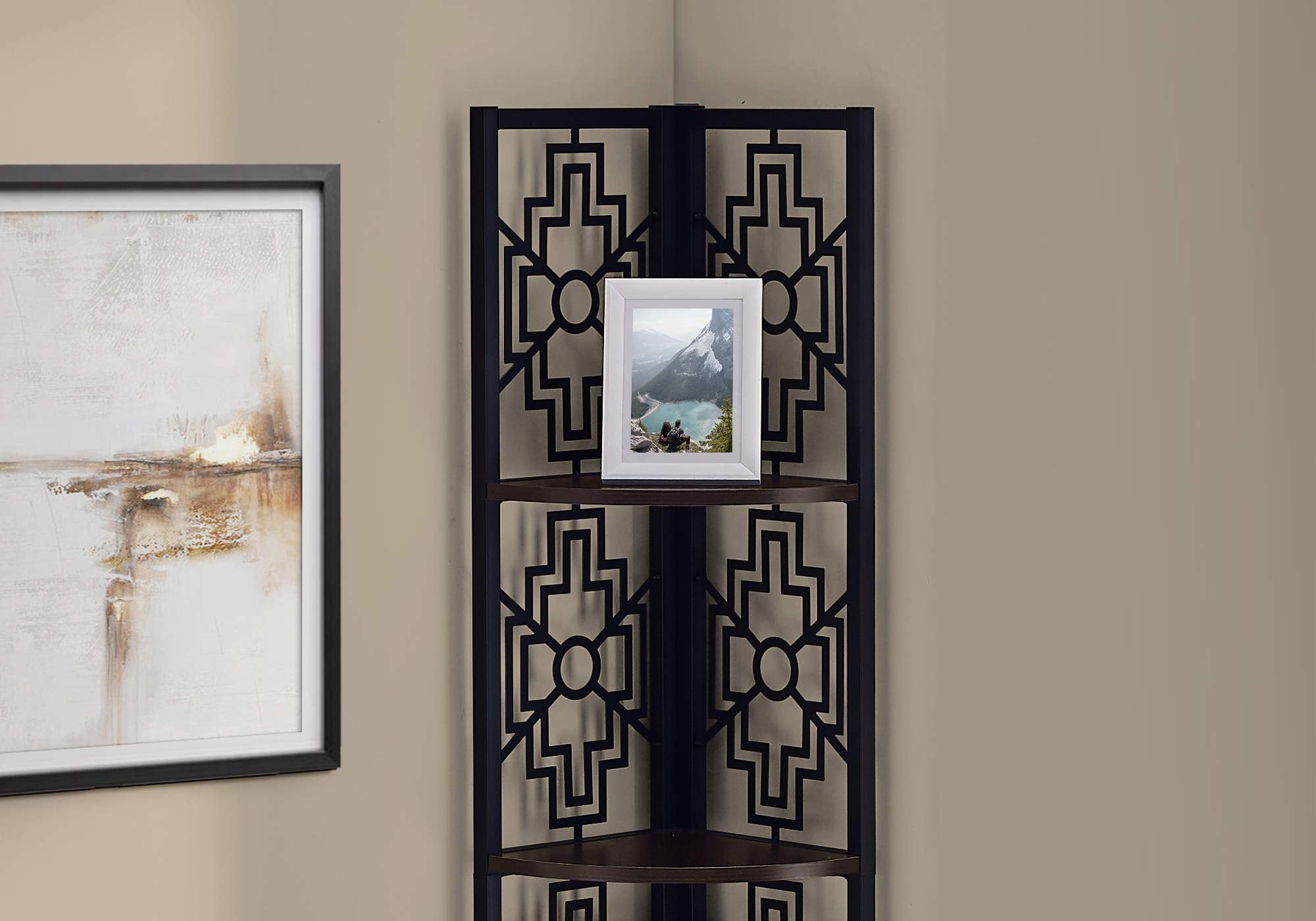 HomeRoots Espresso,Black Metal,Particle Board 62&quot; Bookcase with 4 Solid Espresso Shelves and Black Metal Corner Etagere