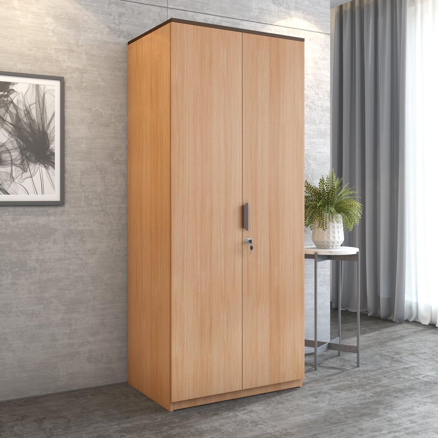 Nilkamal Milford Neo 2 Door Wooden Wardrobe Without Mirror For Bedroom | Almirah With 1 Hanging Rod, 1 Lockable Drawer & 3 Shelv