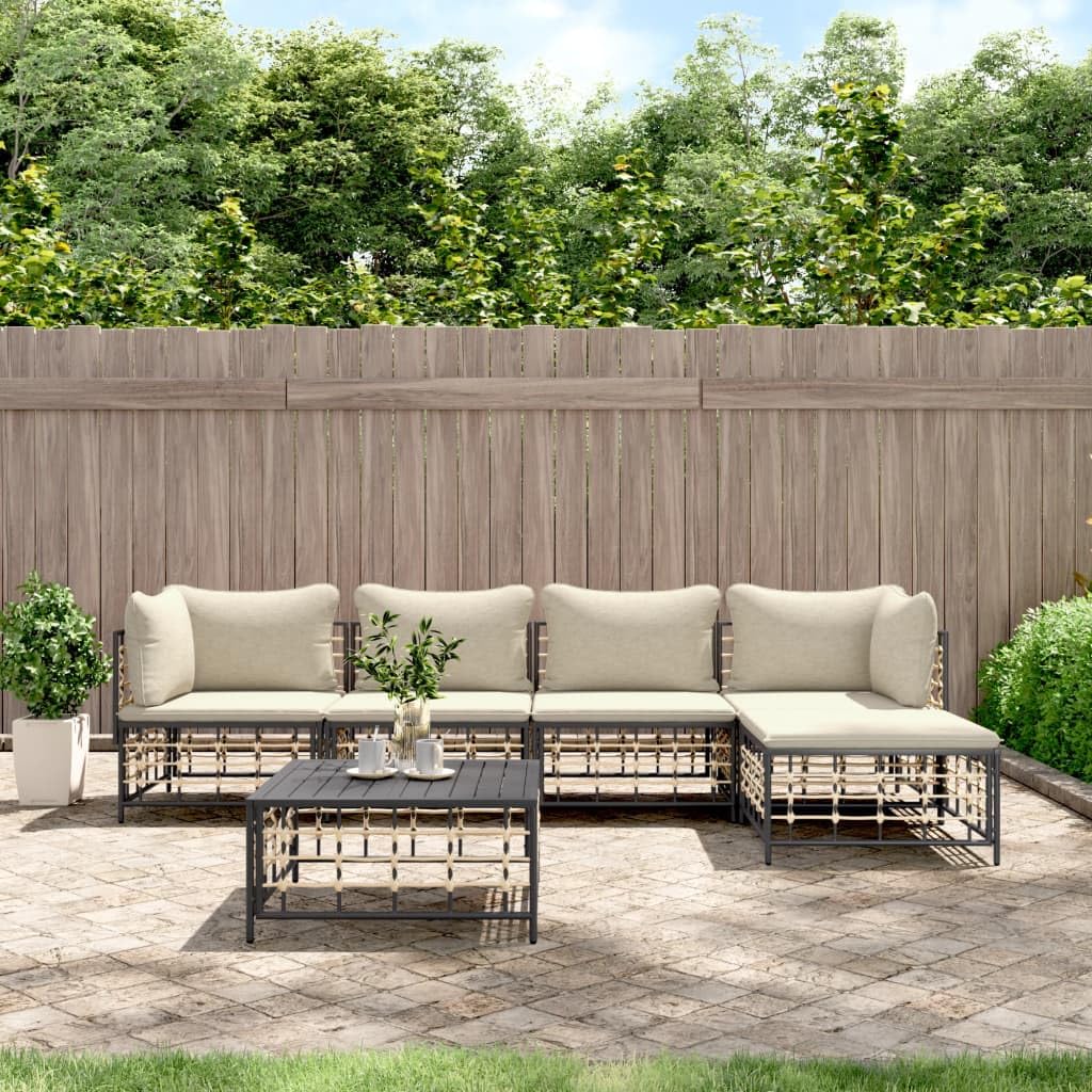 vidaXL 6 Piece Patio Lounge Set - Weather-Resistant Poly Rattan Garden Furniture with Cozy Cushions and Sturdy Tabletop in Anthracite Color