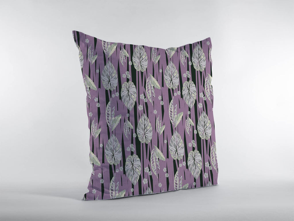 HomeRoots Pink and White Broadcloth 28â€ Lavender Black Fall Leaves Indoor Outdoor Throw Pillow