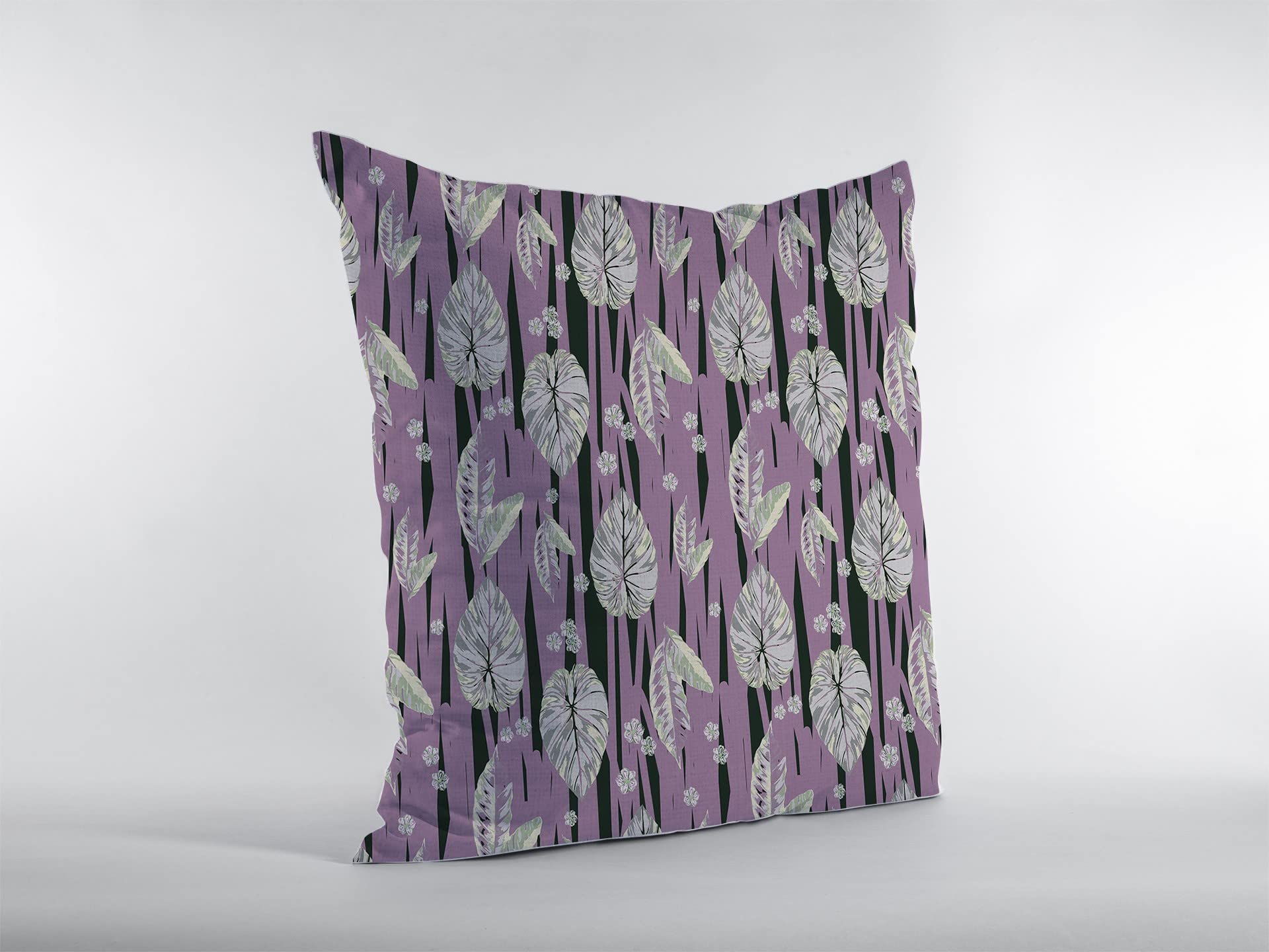 HomeRoots Pink and White Broadcloth 28â€ Lavender Black Fall Leaves Indoor Outdoor Throw Pillow