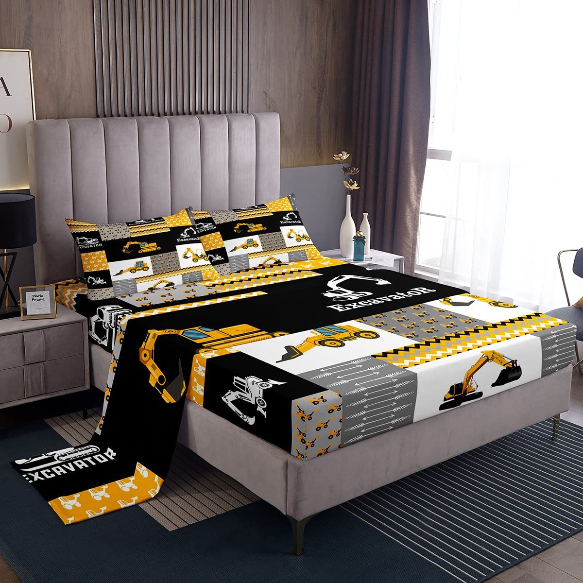 Feelyou Excavator Sheets with Deep Pocket Fitted Sheet Construction Vehicles Sheet Set Equipment Trucks Bed Sheets Set for Kids 
