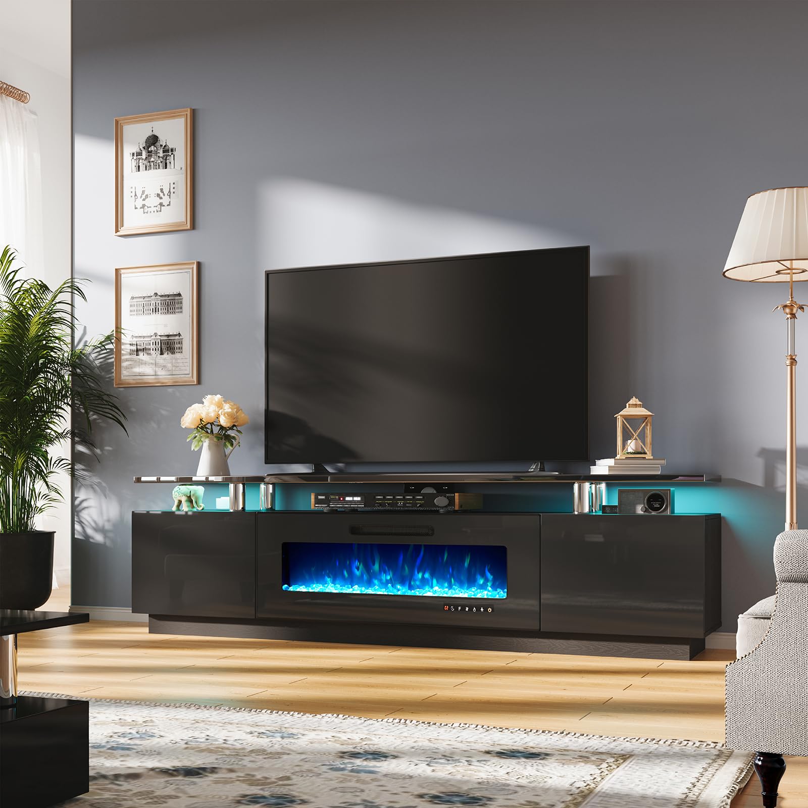 Amerlife Fireplace Tv Stand With 40' Fireplace, 80' Modern High Gloss Fireplace Entertainment Center Led Lights, 2 Tier Tv Console Cabinet For Tvs Up To 90', Obsidian Black