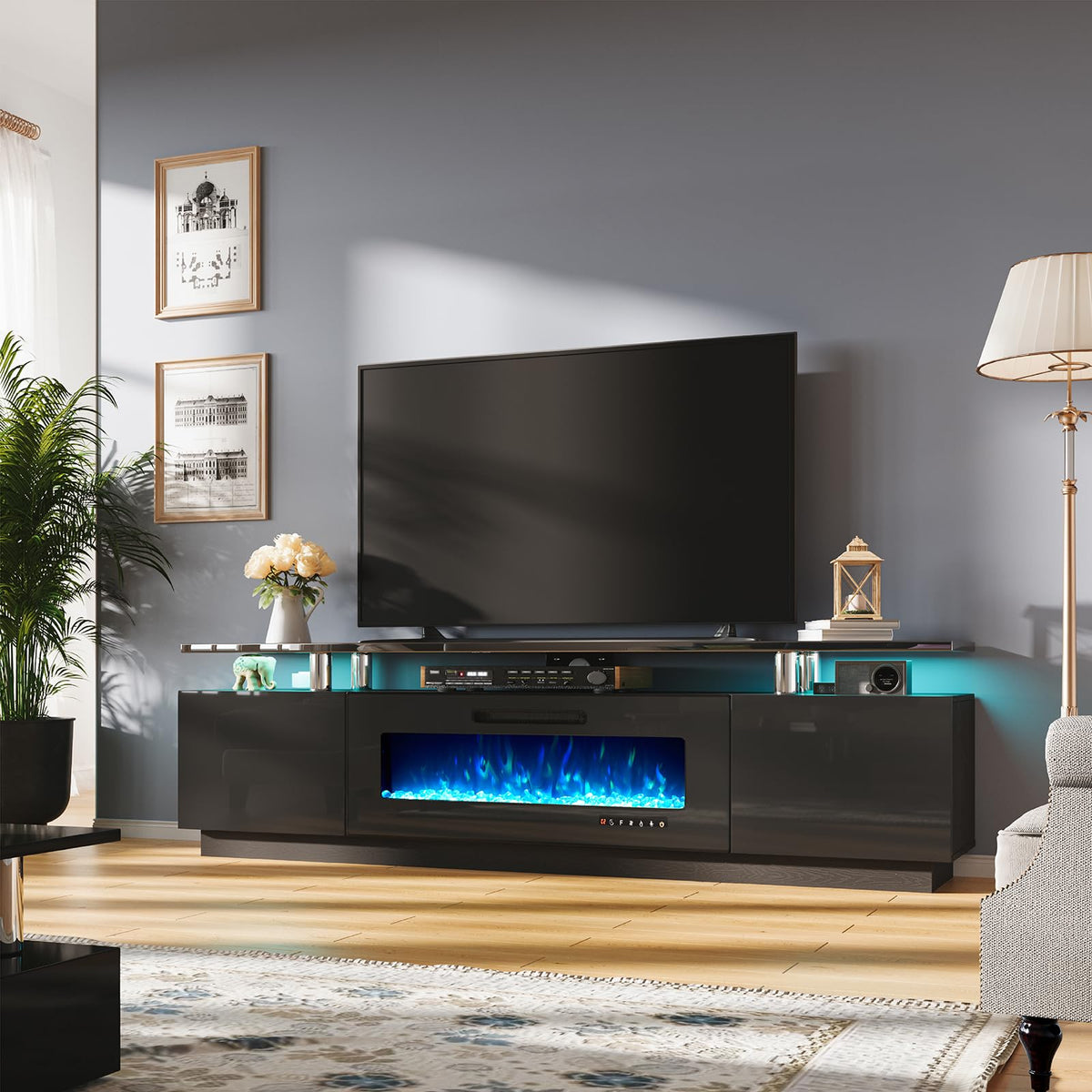 Amerlife Fireplace Tv Stand With 40' Fireplace, 80' Modern High Gloss Fireplace Entertainment Center Led Lights, 2 Tier Tv Console Cabinet For Tvs Up To 90', Obsidian Black