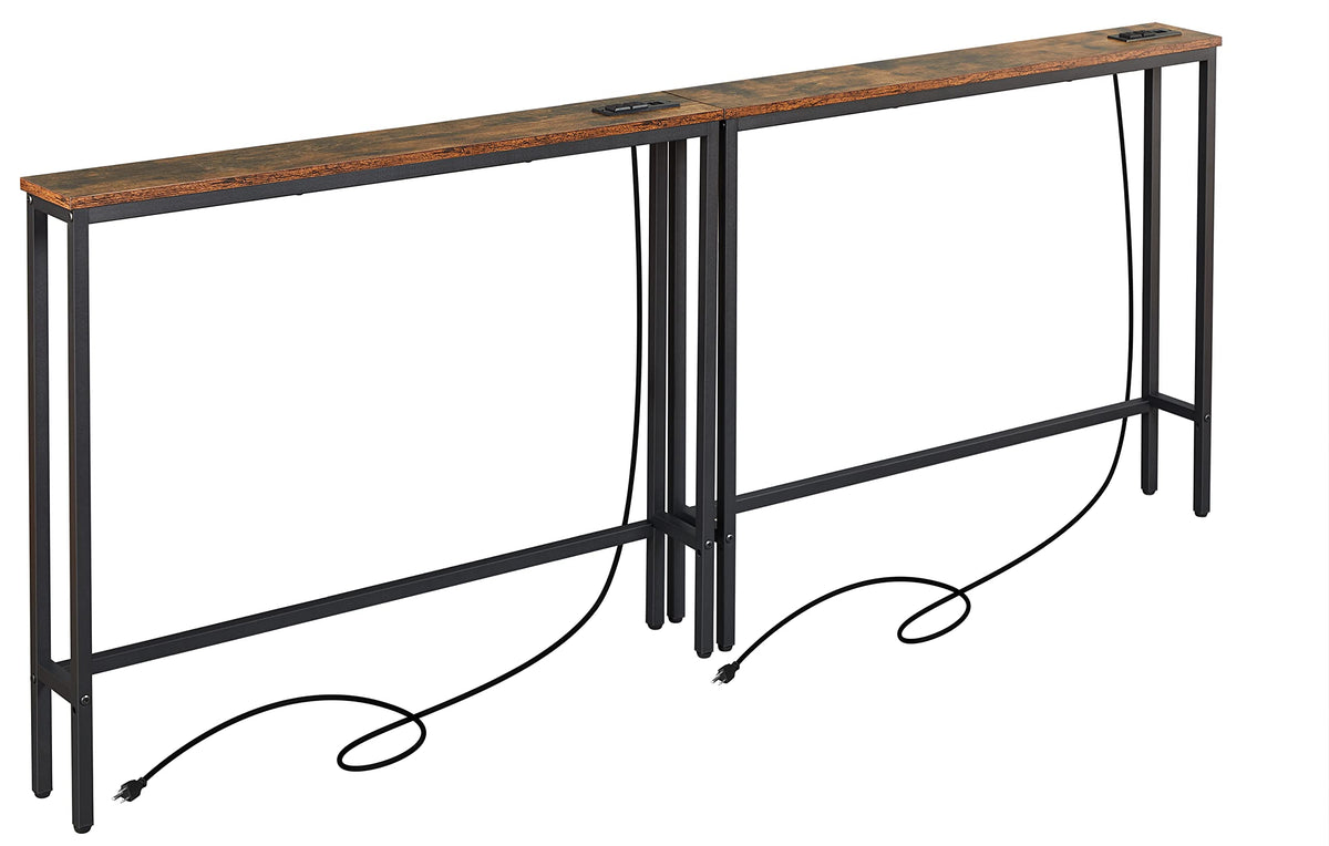 Elyken 2 Pack 5.9' Narrow Console Sofa Table With Power Outlets, 5.9' D X 39.4' W X 31.1' H Long Couch Table With Metal Frame And Charge Station With 6.5’ Extension Cord, Rustic Brown
