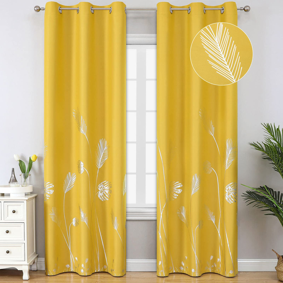 Estelar Textiler Yellow Blackout Curtains For Living Room, Room Darkening Silver Palm Tree Pattern Curtains 84 Inches Long, Ligh