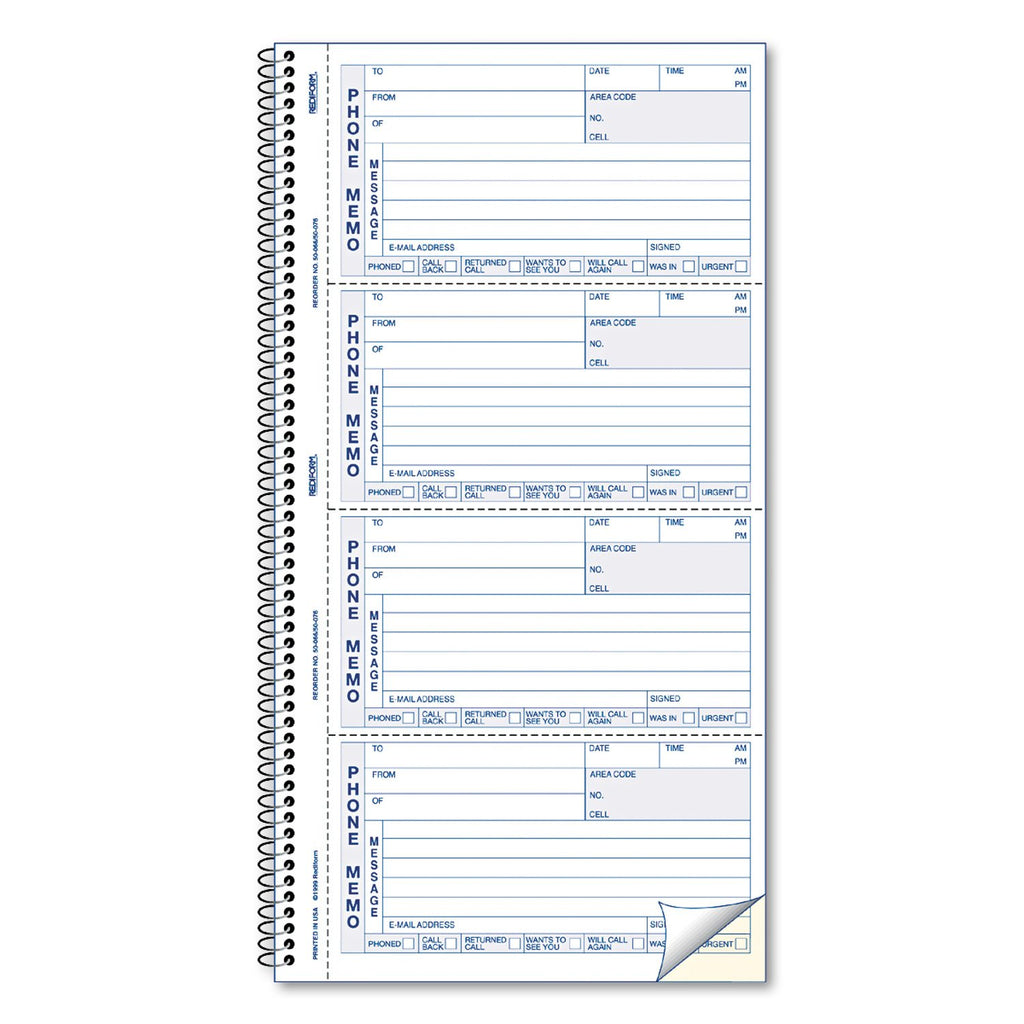 Rediform Telephone Message Book, Two-Part Carbonless, 5 X 2.75, 4 Forms/Sheet, 400 Forms Total