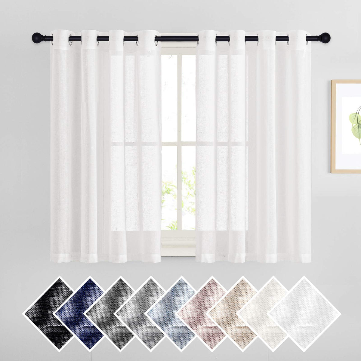 Nicetown 45' Long White Flax Linen Sheer Bedroom Curtains Grommet, Decorative Window Treatment Draperies Privacy With Light Thr