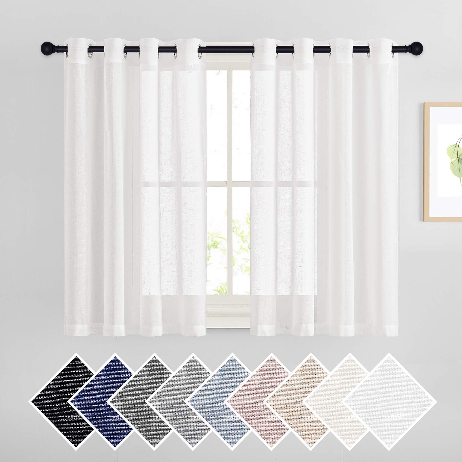 Nicetown 45' Long White Flax Linen Sheer Bedroom Curtains Grommet, Decorative Window Treatment Draperies Privacy With Light Thr