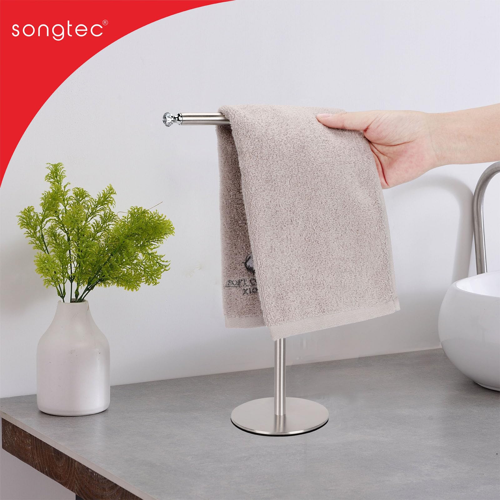 Songtec Hand Towel Holder Stand With Crystal Knobs, Fingertip Towel Rack, Rust-Proof Accessories Jewelry Stand - Brushed Nickel