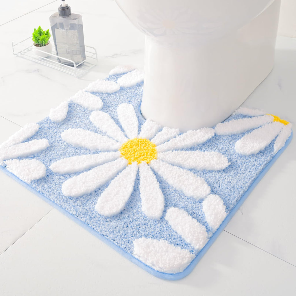 QJHOMO Toilet Rugs U Shaped, Blue Toilet Mat Cute Daisy Contour Bath Rug 20''x20'', Extra Thick Soft Machine Washable Toilet Car