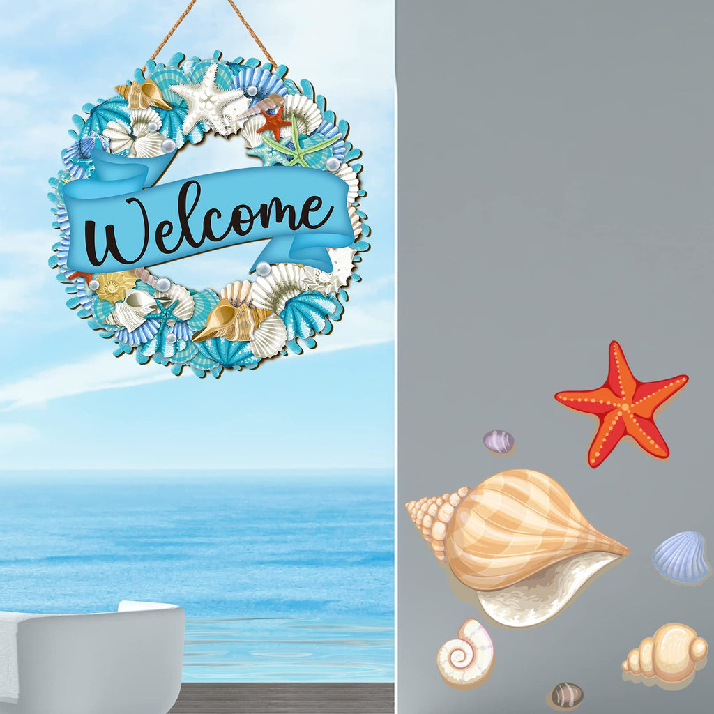 Hello Summer Wreath Sign Ocean Beach Wooden Hanging Wreath Decor Ornament Wood Farmhouse Beach Starfish Door Decor Beach Theme H