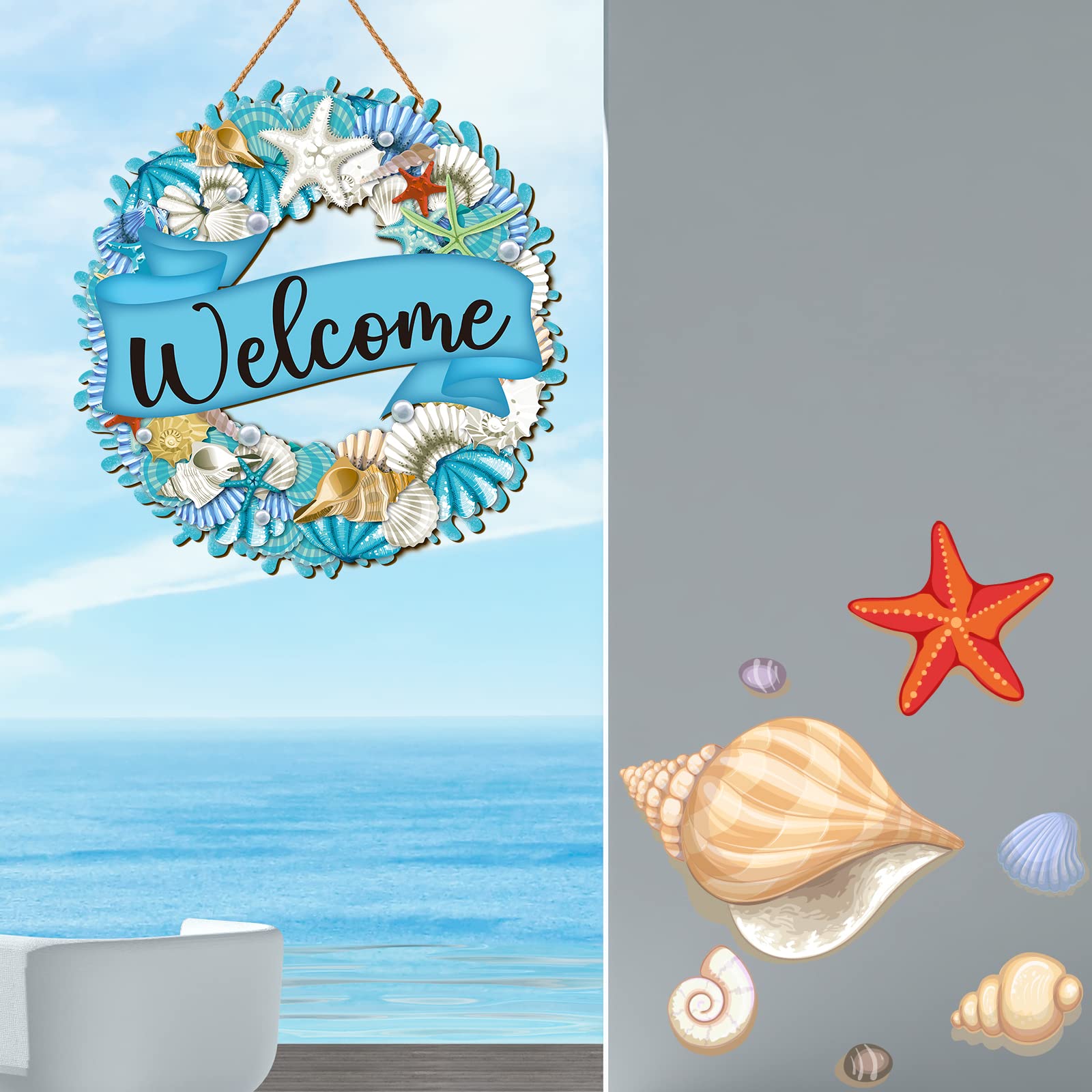 Hello Summer Wreath Sign Ocean Beach Wooden Hanging Wreath Decor Ornament Wood Farmhouse Beach Starfish Door Decor Beach Theme H