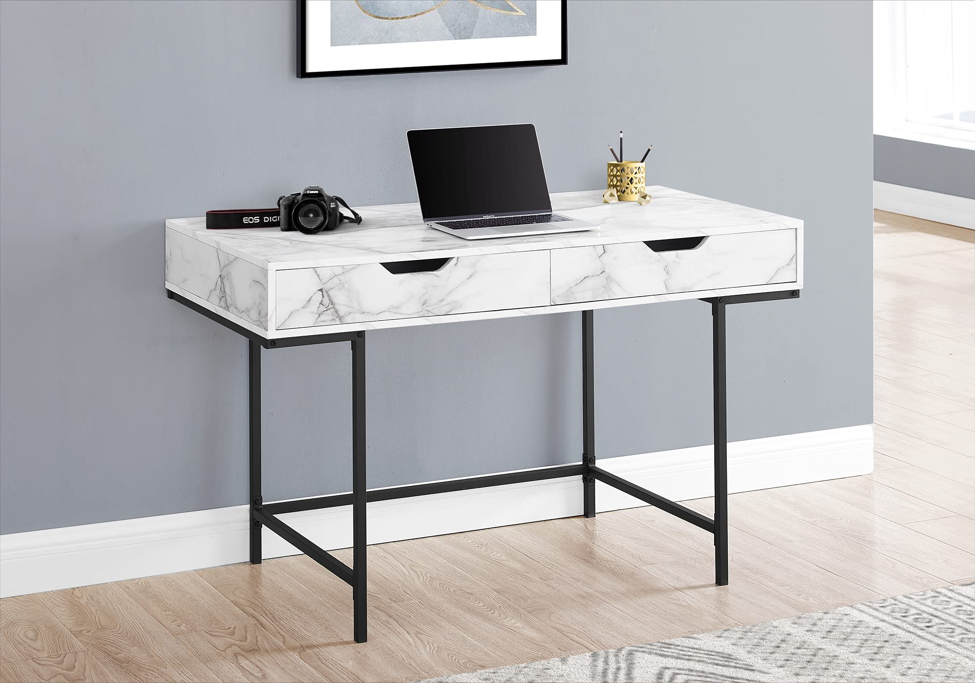 Monarch Specialties I 7558 Computer Desk, Home Office, Laptop, Storage Drawers, 48' L, Work, Metal, Laminate, White Marble Look, Black, Contemporary, Modern
