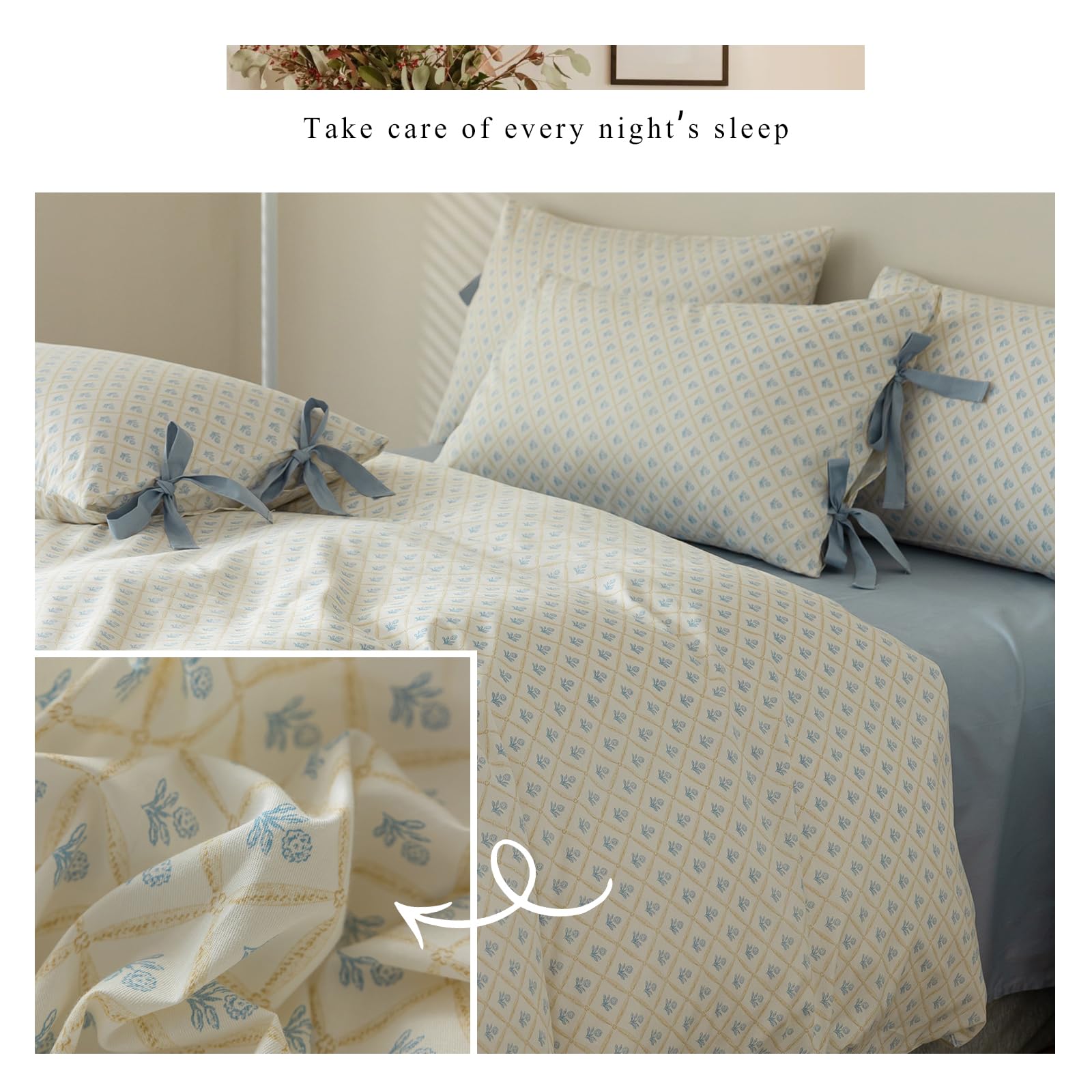 Blue Floral Duvet Cover Queen Soft Cotton Garden Style Floral Bedding Comforter Cover Plaid Grid Design Vintage Blue Flower Duve