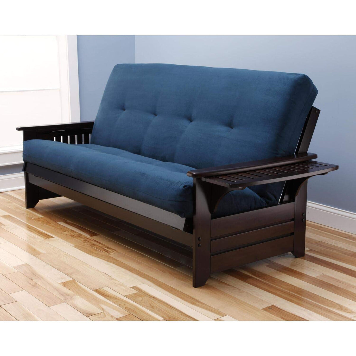Phoenix Futon Sofa in Espresso Finish with Suede Navy Mattress