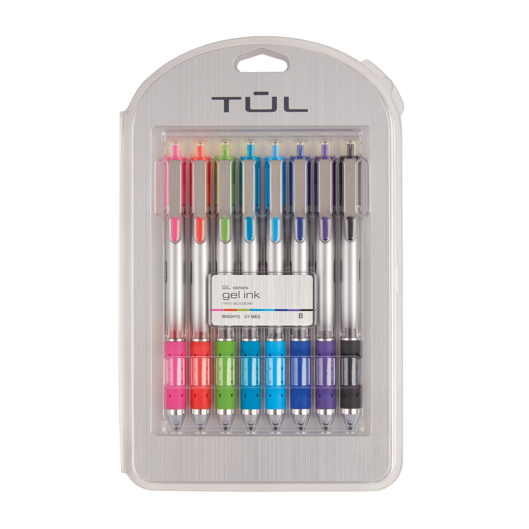 Tul Retractable Gel Pens, Bullet Point, 0.7 Mm, Gray Barrel, Assorted Bright Ink Colors, Pack Of 8