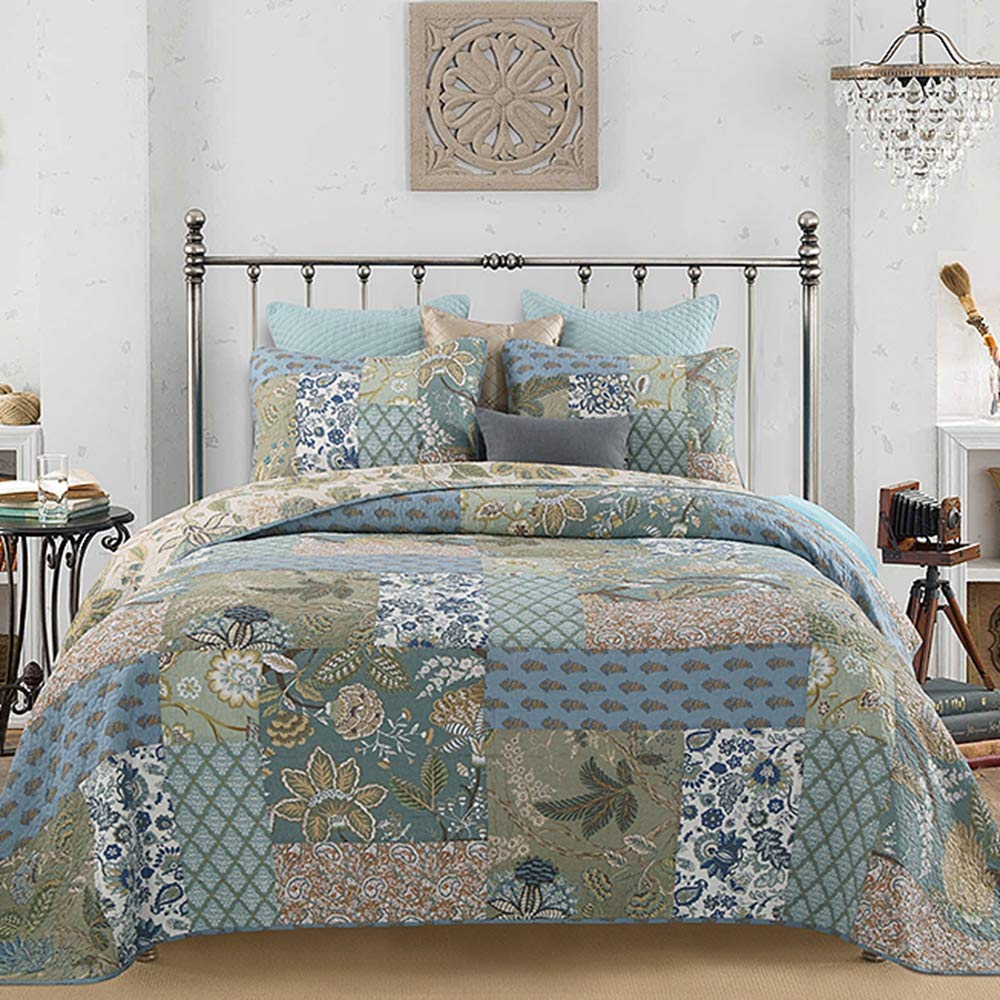 Yayiday Cotton Patchwork Quilt Set Bedspread Queen Size - Breathable Comforter Floral Quilted Bed Coverlet With Pillow Shams, Bo