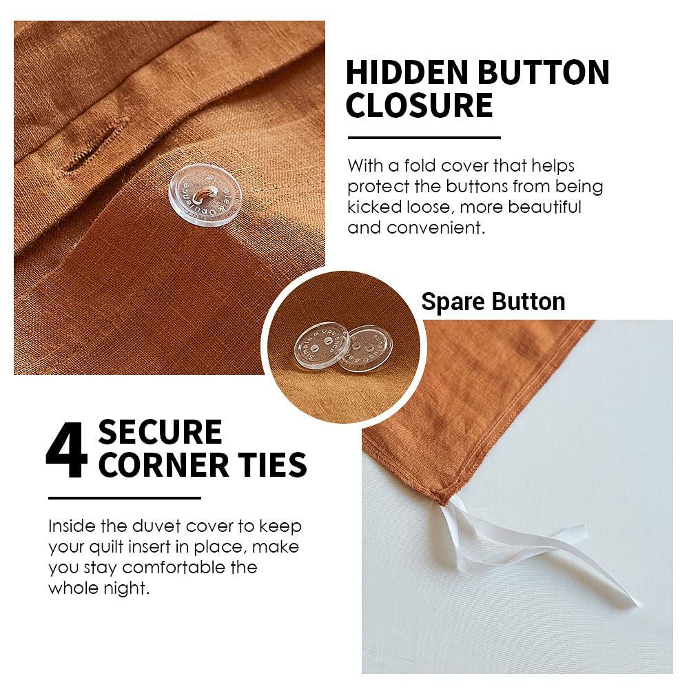 Simple&Opulence 100% Linen Duvet Cover Set 3Pcs Basic Style Natural French Washed Flax Solid Color Soft Breathable Farmhouse Bedding With Button Closure - Rust, King