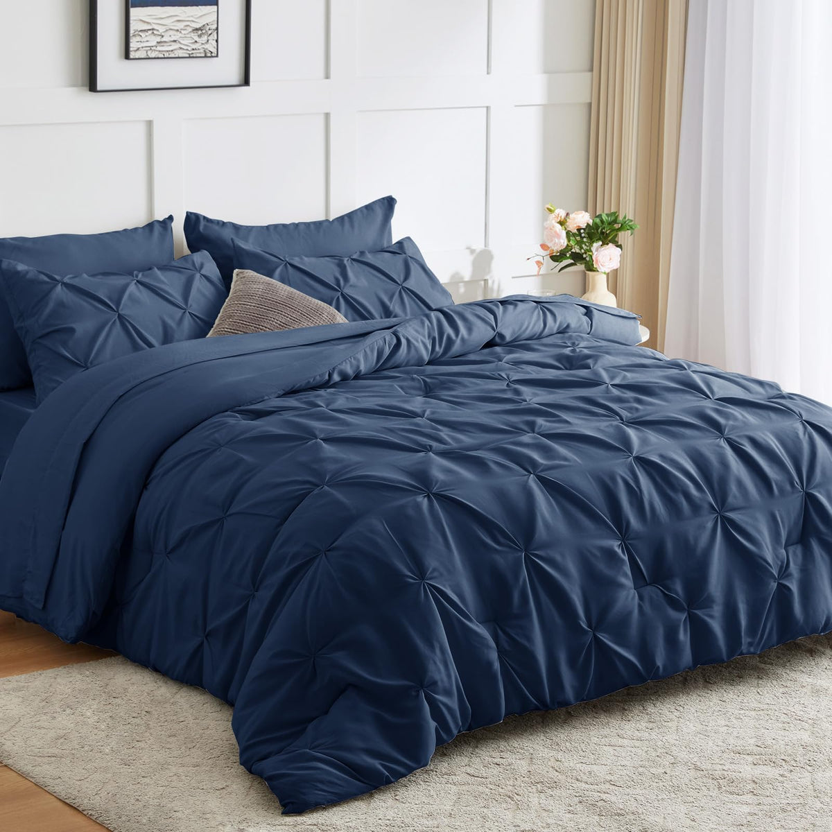 Cozylux Twin Xl Bedding Set 5 Pieces - Navy Blue Twin Xl Comforter Set With Sheets Pintuck Dorm Bedding Pinch Pleat Xl Twin Comf
