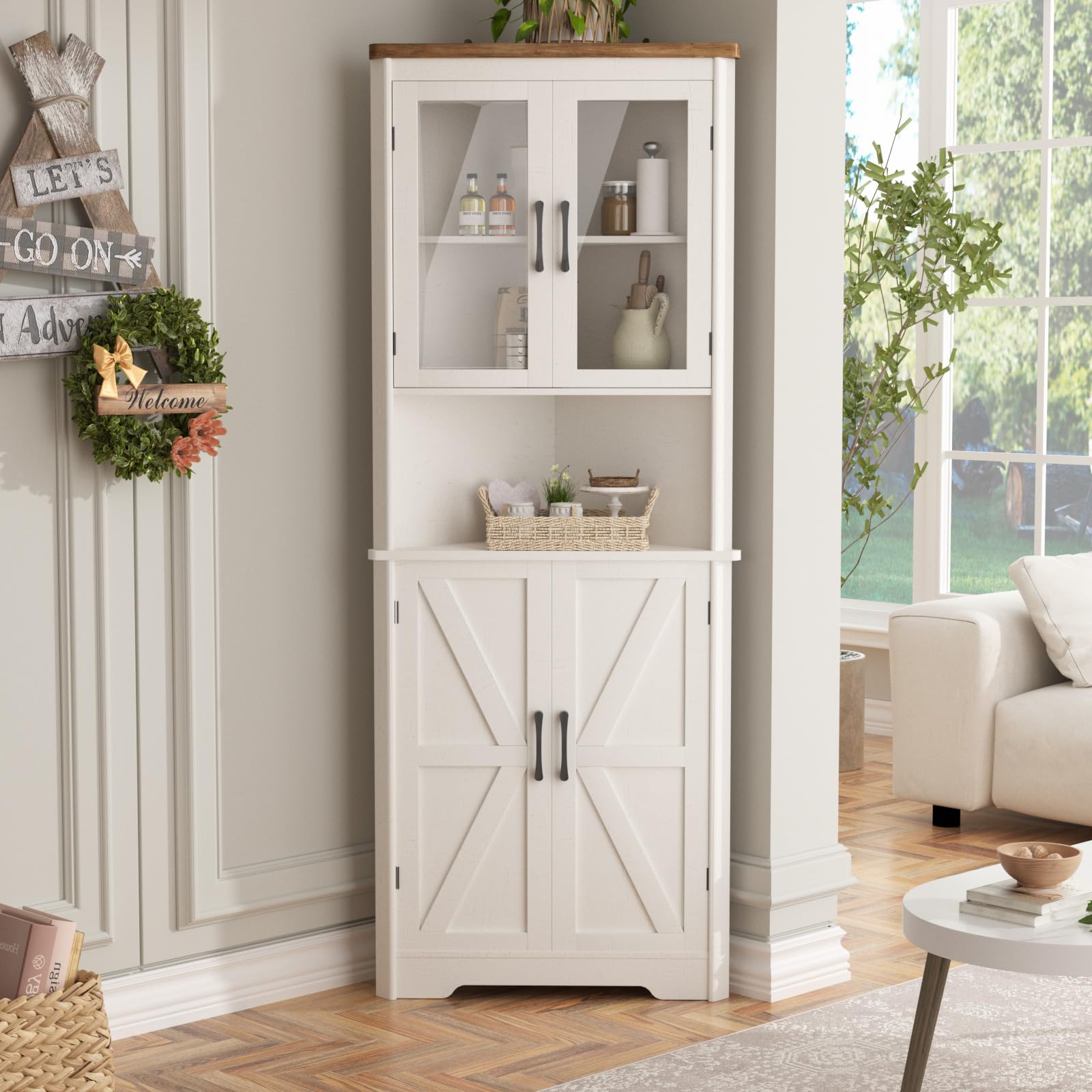 67  H Tall Corner Cabinet with 4 Tempered Glass Doors and Barn Doors, Farmhouse Storage Cabinet with 5 Adjustable Shelves, Hom