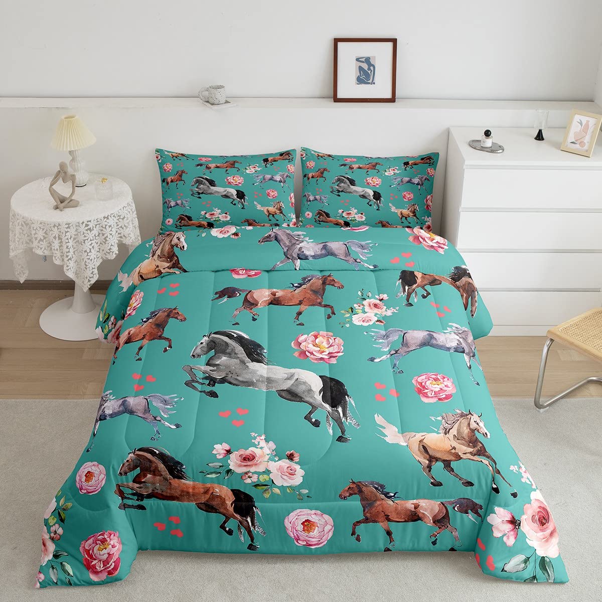 Horse Comforter Set Twin Size Farm Western Cowboy Cowgirls Bedding Set For Kids Boys Girls Teens Rose Floral Quilt Set Cute Love