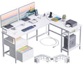 Furologee White 59” L Shaped Desk With Power Outlet, Reversible Computer Desk With File Drawer & 2 Monitor Stands, Corner Home Office Table With Storage Shelves For Gaming Writing