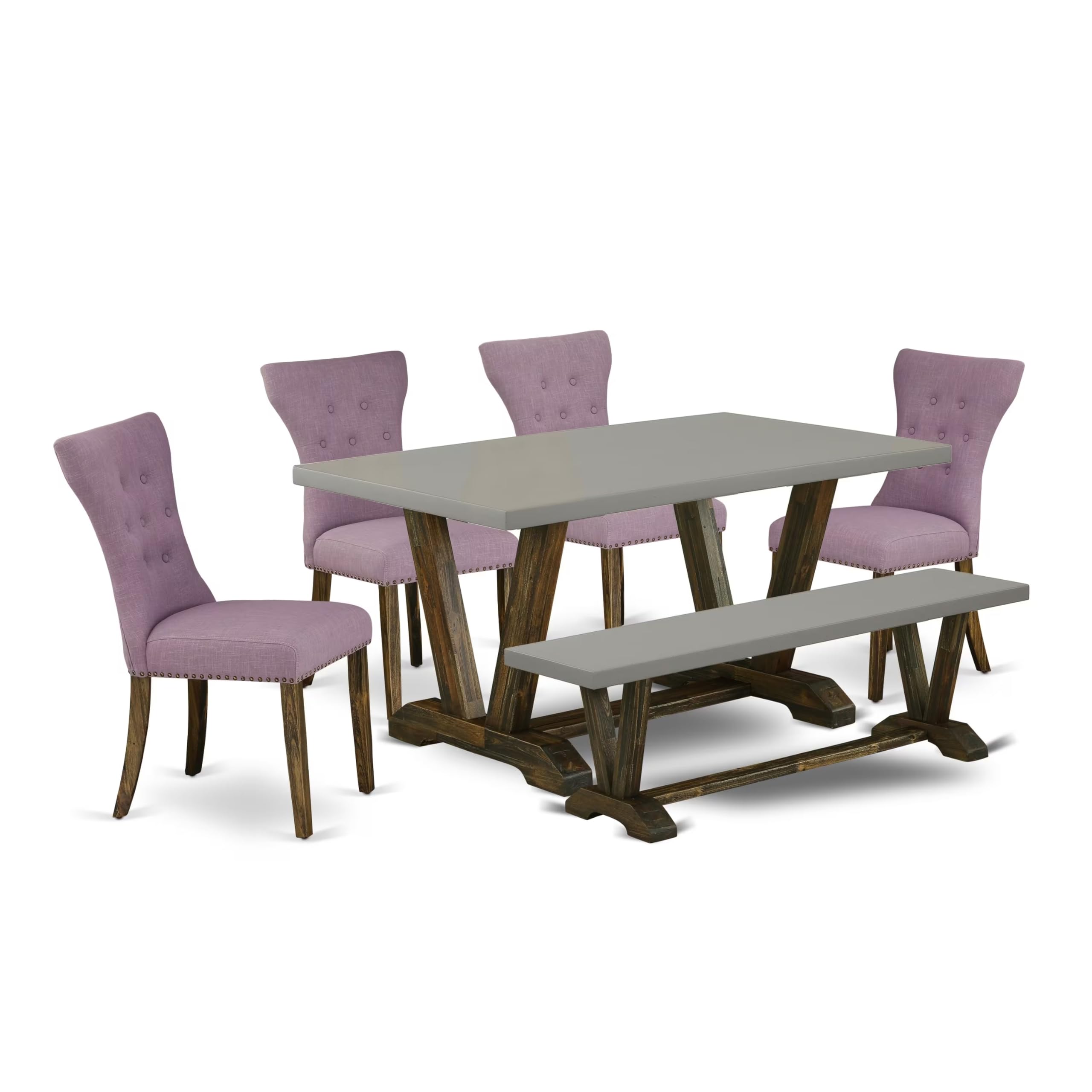 East West Furniture V796Ga740-6 6 Piece Kitchen Table Set Contains A Rectangle Dining Table With V-Legs And 4 Dahlia Linen Fabric Parson Chairs With A Bench, 36X60 Inch, Multi-Color