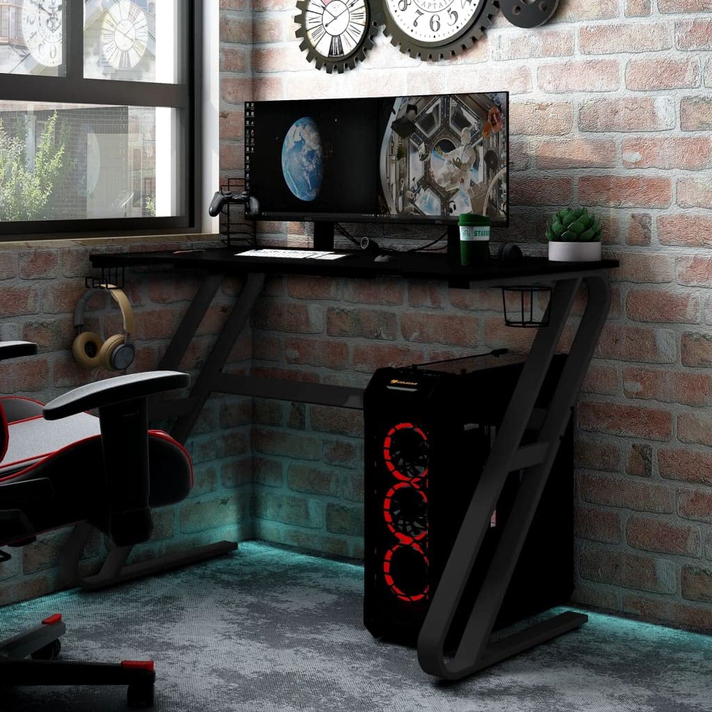 vidaXL Black Gaming Desk - Ergonomic Home Office Computer Table with Z-Shaped Legs, Controller/Headphone Racks, Cup Holder