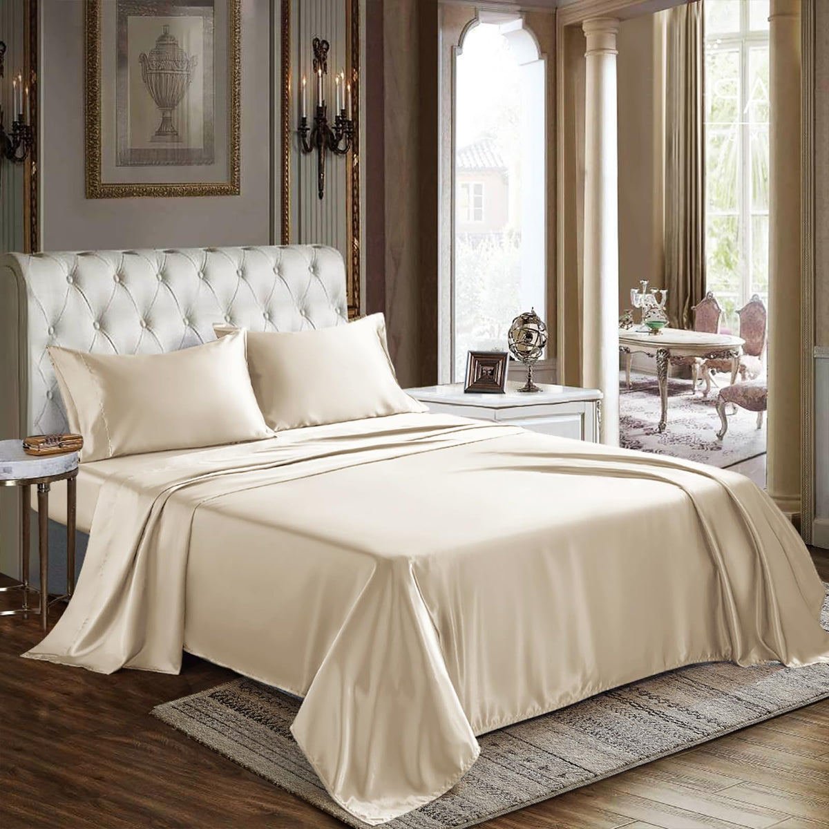Cozylux Satin Sheets Queen Size - 4 Piece Champagne Bed Sheet Set With Silky Microfiber, 1 Deep Pocket Fitted Sheet, 1 Flat Shee