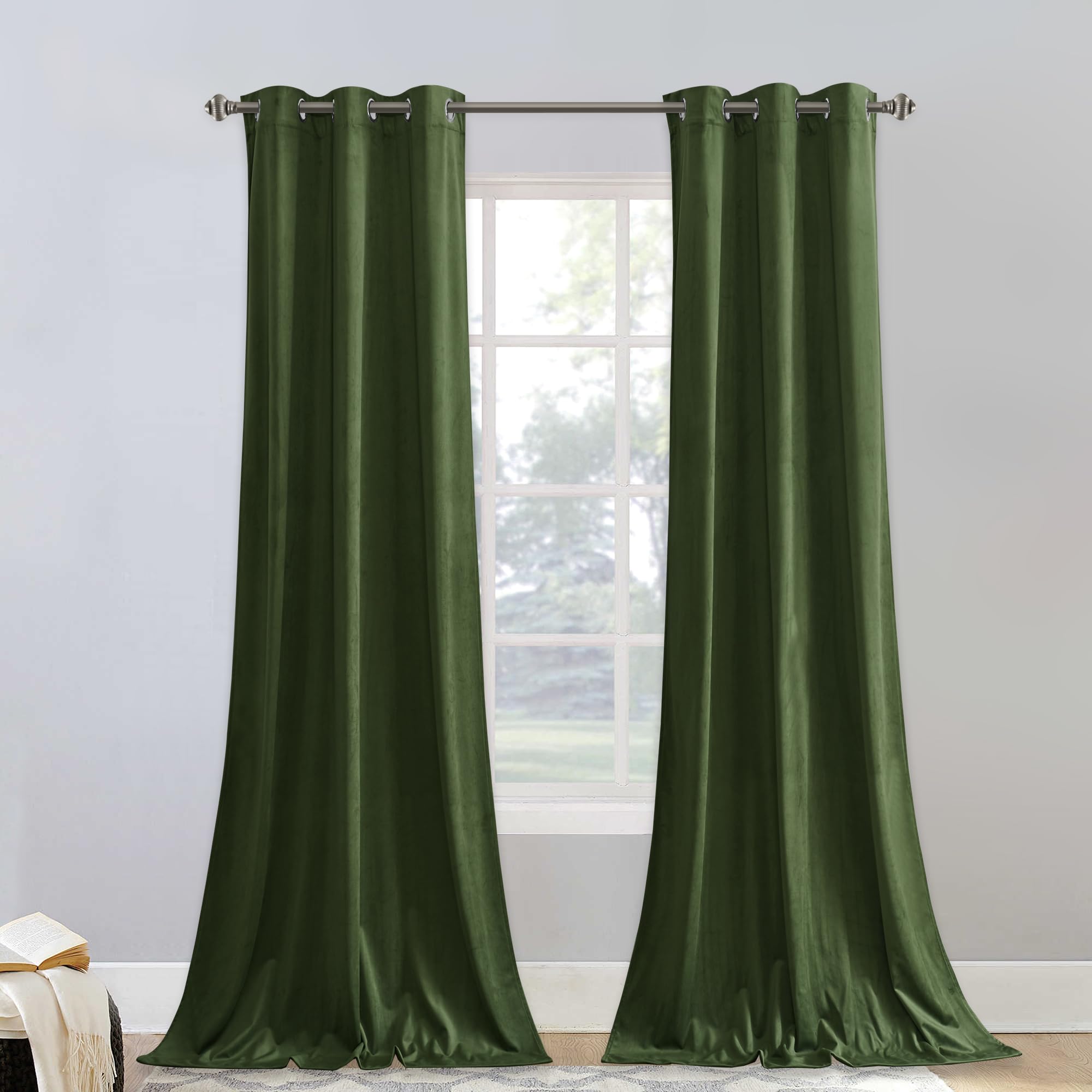 Stangh Luxury Velvet Curtains Moss Green Christmas Hoiday Decor Backdrops For Hotel, 96 Inches Solid Sliding Door Drapes Light D