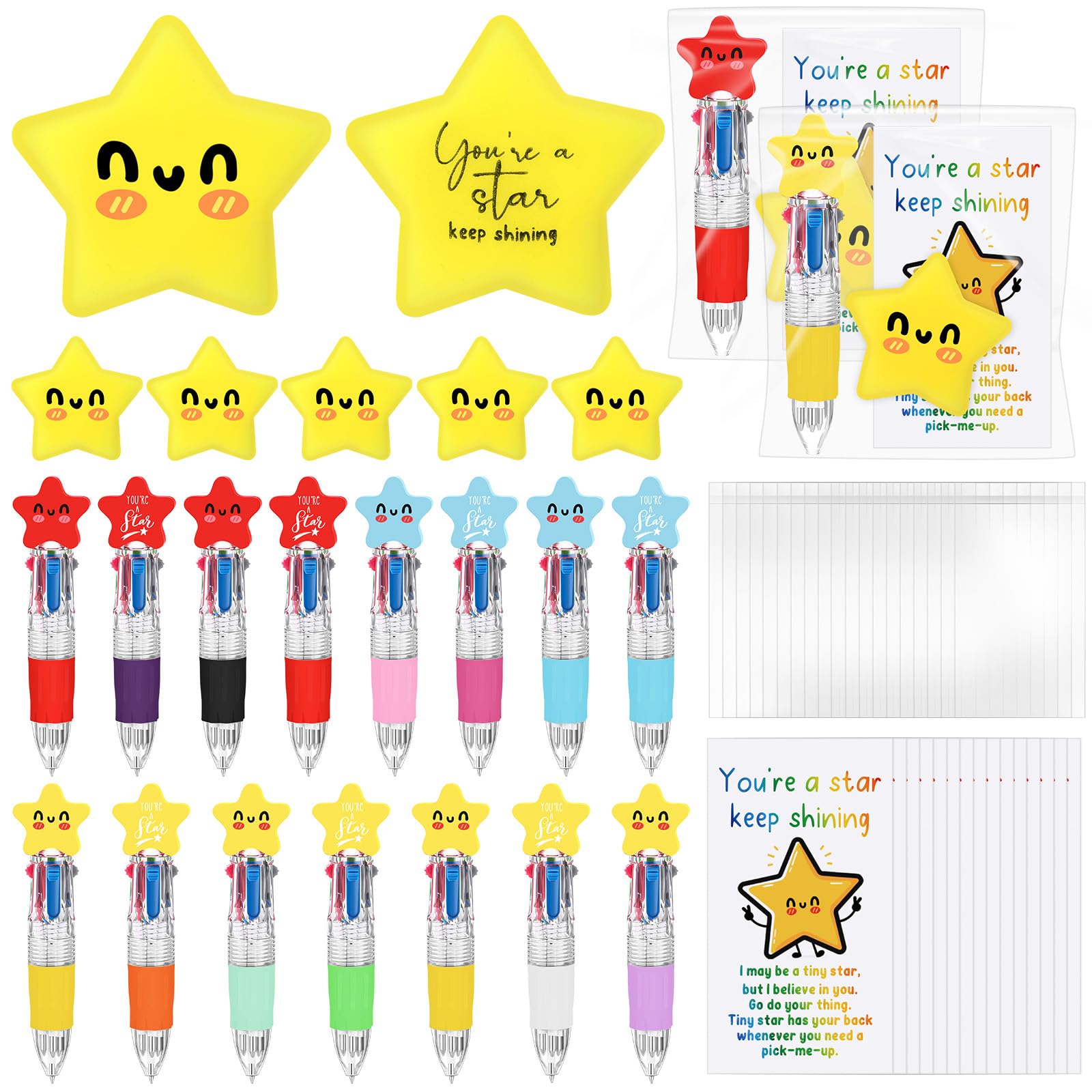 TaoBary 30 Sets Star Motivational Support 4-in-1 Multicolor Ballpoint Pen Squeeze Mini Stress Balls Gift Bulk with Inspirational