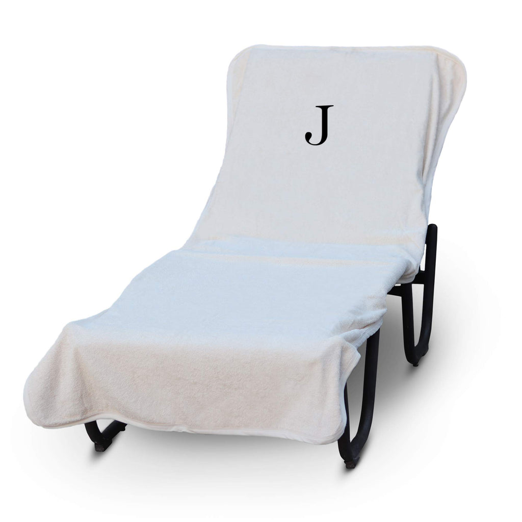 Luxury Hotel & Spa Monogrammed Pool Chaise Lounge Cover, Block Letter Embroidered - Extra Absorbent 100% Turkish Cotton- Soft Terry - Hotel-Style, Standard Size 90' X 29' - White - Black Letter J