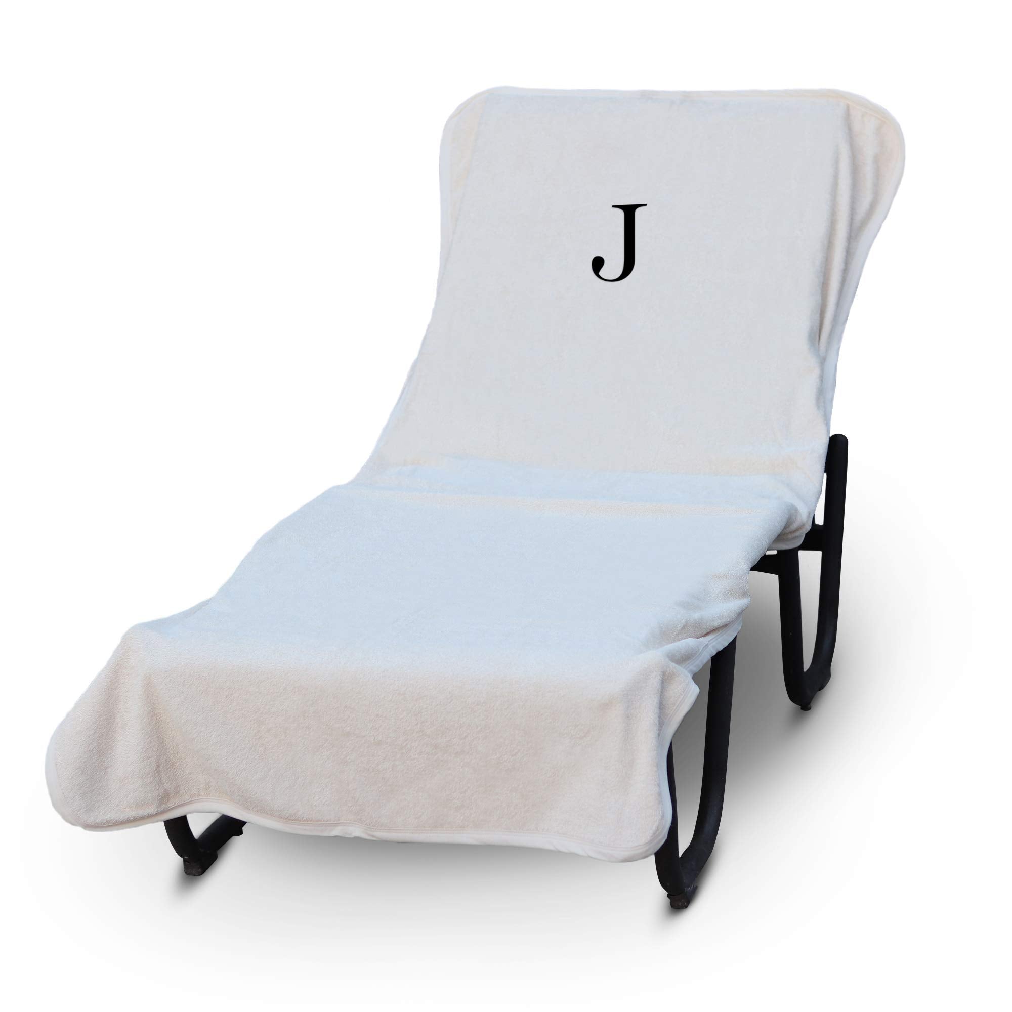 Luxury Hotel & Spa Monogrammed Pool Chaise Lounge Cover, Block Letter Embroidered - Extra Absorbent 100% Turkish Cotton- Soft Terry - Hotel-Style, Standard Size 90' X 29' - White - Black Letter J