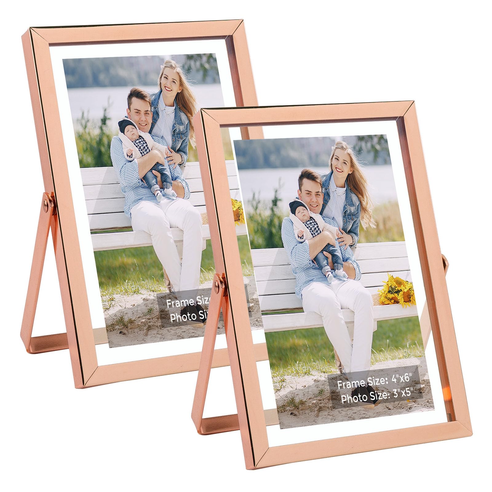 Golden State Art, Rose Gold 4x6 Frame for 3x5 Photo - Floating Frame for 3 x 5 or Smaller Photos - Metal Frame and Real Glass, E