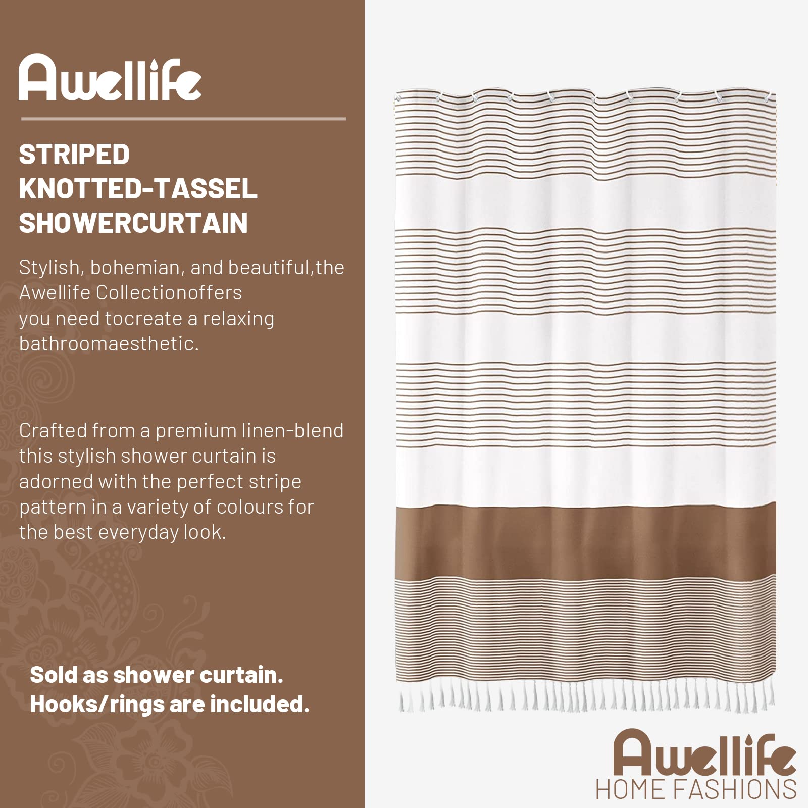 Awellife Khaki Shower Curtain For Bathroom Stripe Tassel Shower Curtain 72 X 72 Inches Apricot Farmhouse Linen
