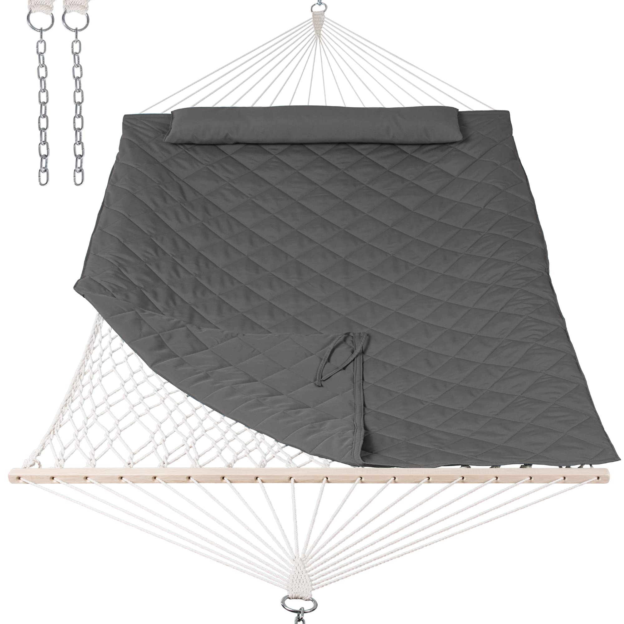 Anow Outdoor Rope Hammock With Spreader Bars, Heavy Duty Hammock With Pad For Outdoors Indoors, 450 Lbs Weight Capacity, Gray