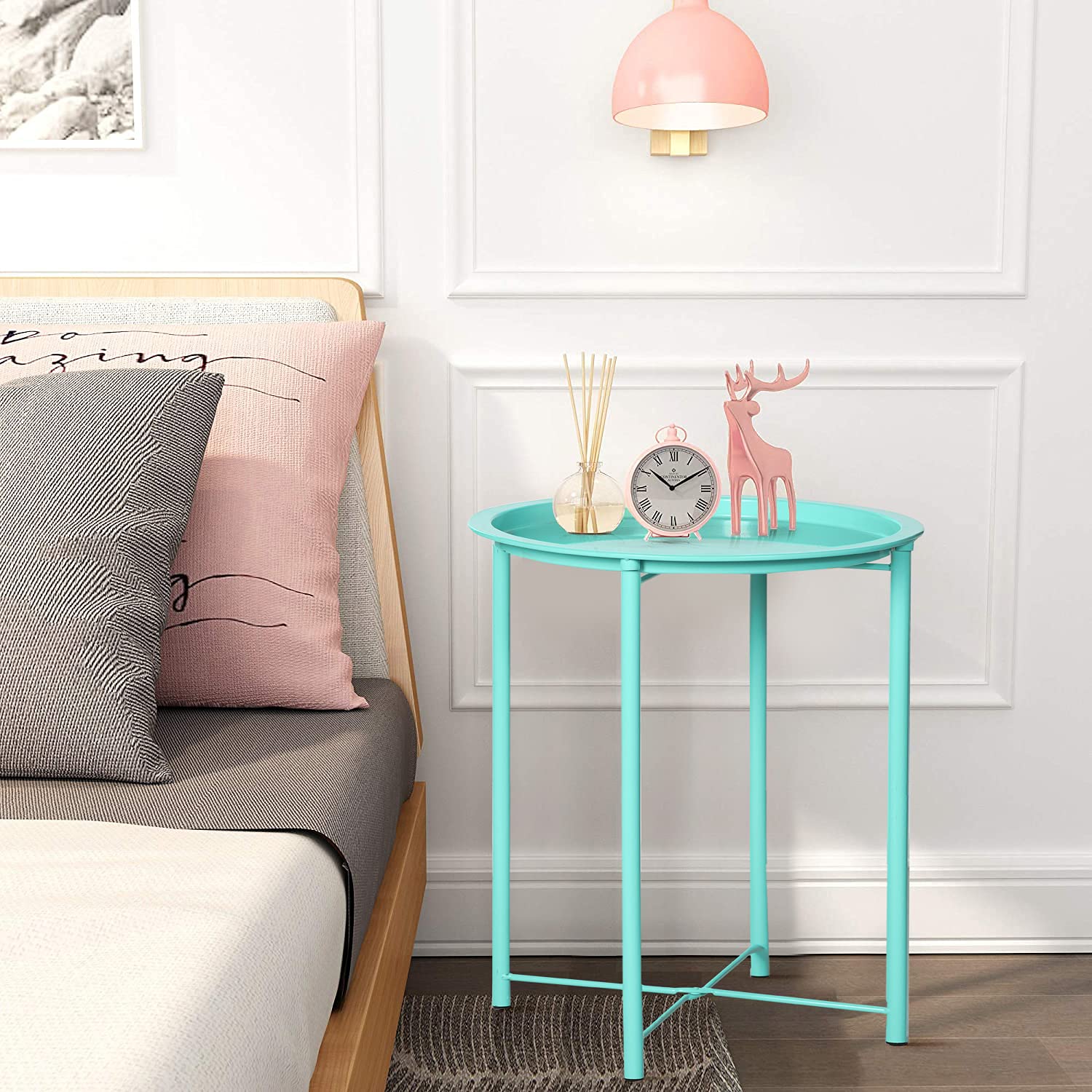 Vecelo Side/End Table, Folding Round Metal Anti-Rust And Waterproof Outdoor Or Indoor Tray For Living Room Bedroom Balcony And Office, 2 Pcs, Green