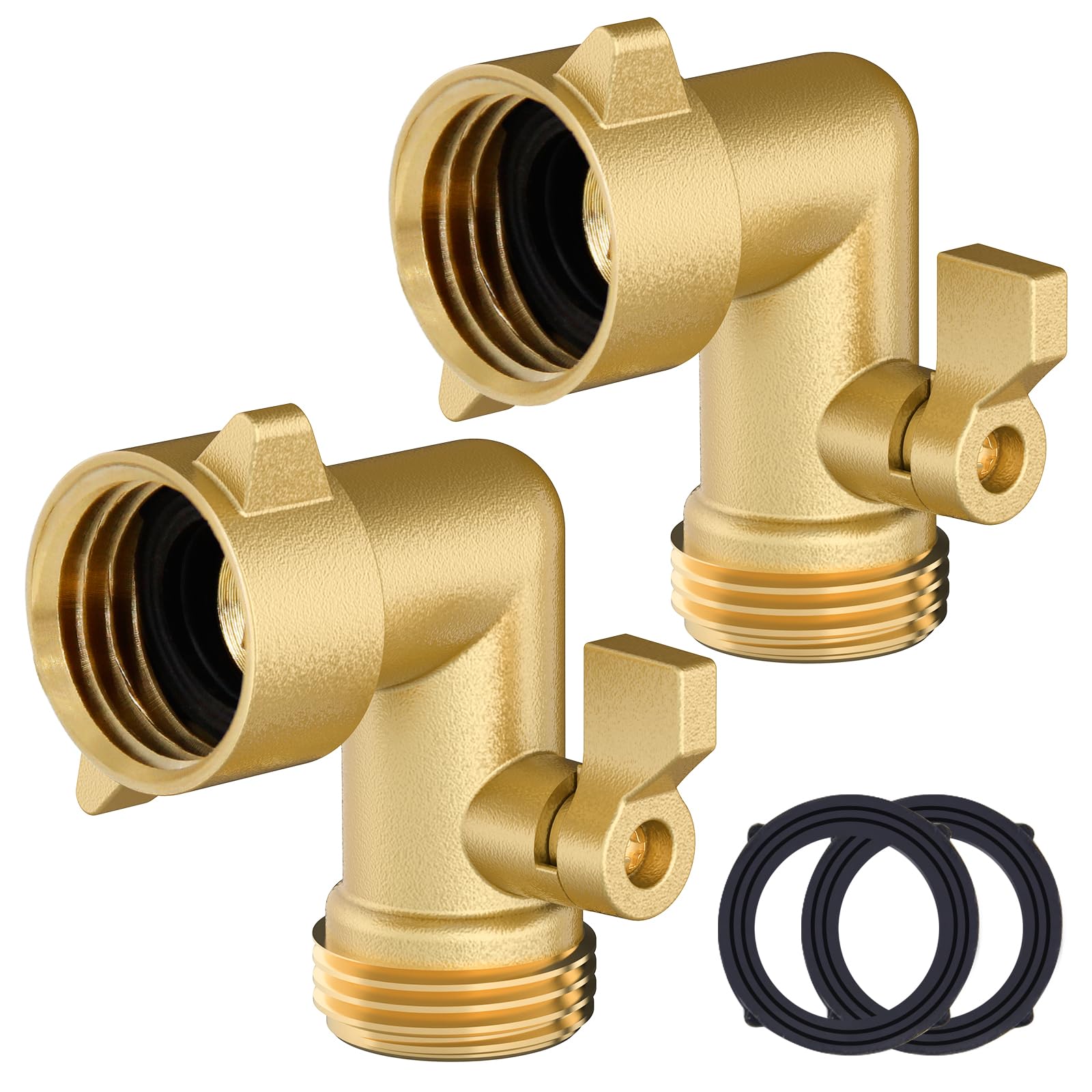 Twinkle Star 90 Degree Garden Hose Elbow With Shut Off Valve 2 Pack, 3/4' Heavy Duty Hose Adapter With 2 O-Rings, Solid Brass G