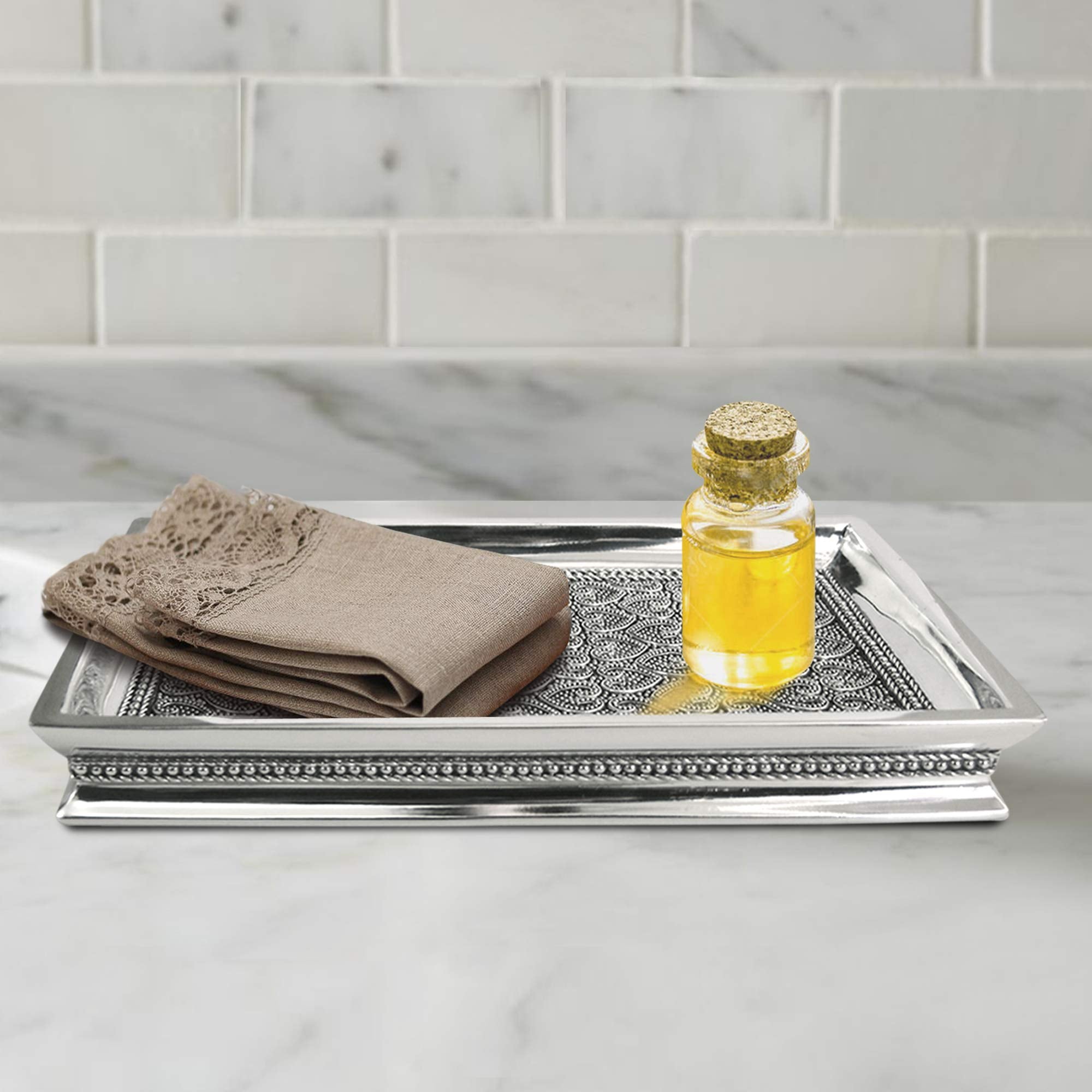 Nu Steel Beaded Heart Resin Storage Organizer Tray For Bathroom Vanity Countertops, Closets, Dressers - Holder For Watches, Earr