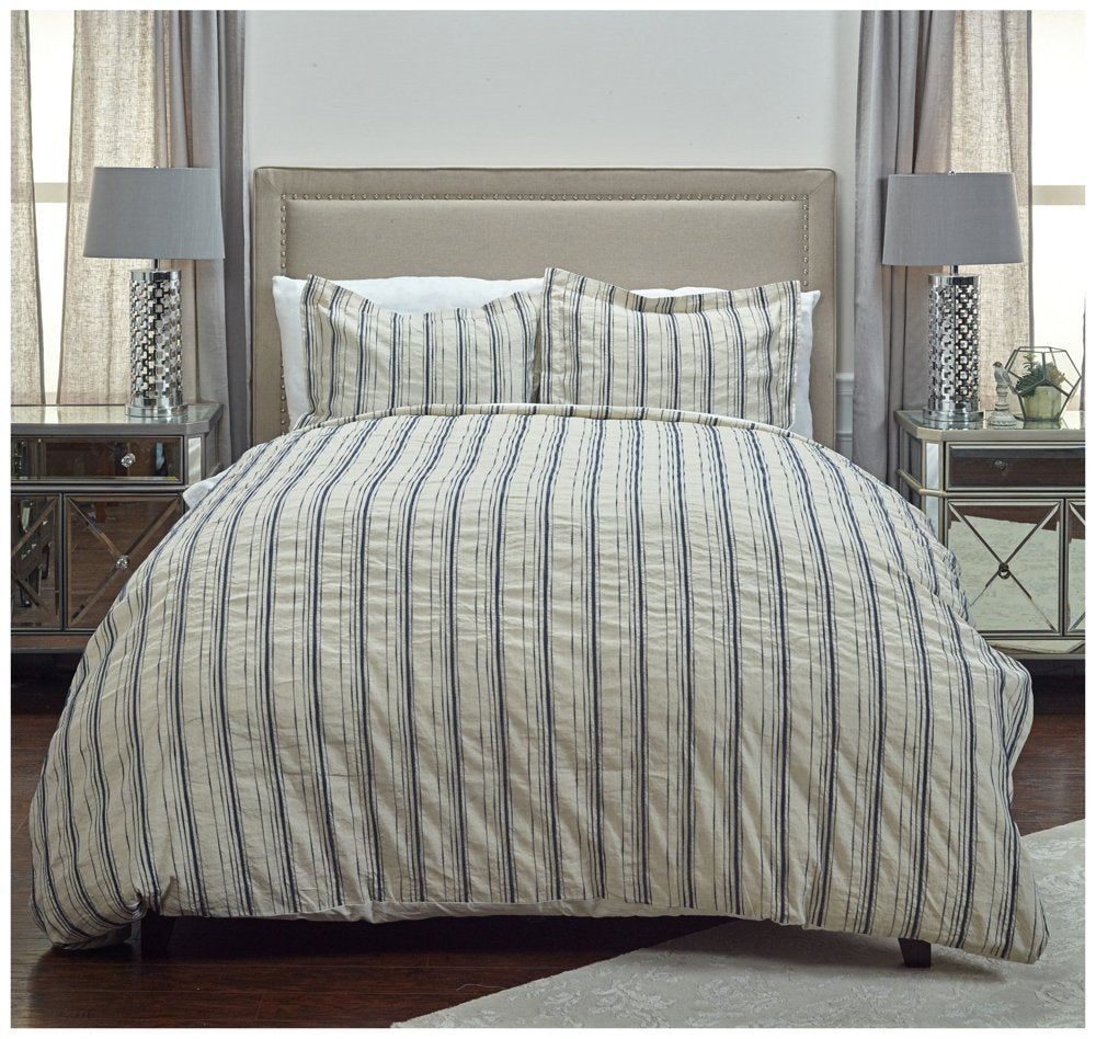 Rizzy Home | Bt4052 | Duvet | 114"X98" Blue/Neutral/Brown Woven In Stripes