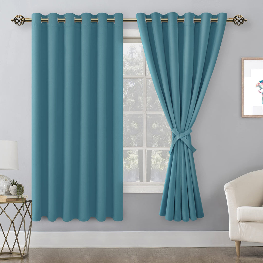 Hiasan Grommet Blackout Curtains For Bedroom, 70 X 63 Inches - Thermal Insulated & Light Blocking Window Drapes For Living Room/Dorm Room, Set Of 2 Panels Sewn With Tiebacks, Turquoise