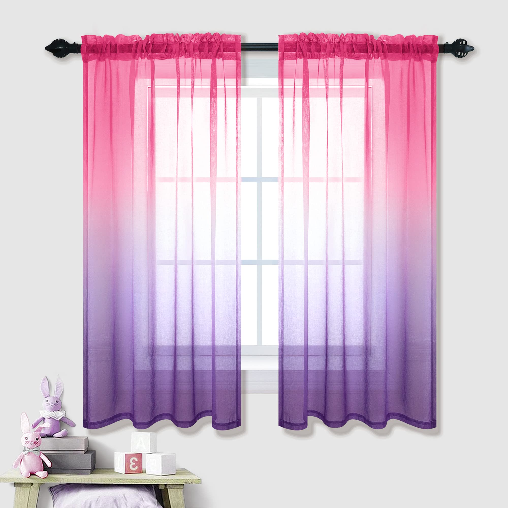 Room Decor For Teen Girls Pink And Purple Ombre Sheer Curtains For Kids Bedroom Decorations 42 X 45 Inch Length
