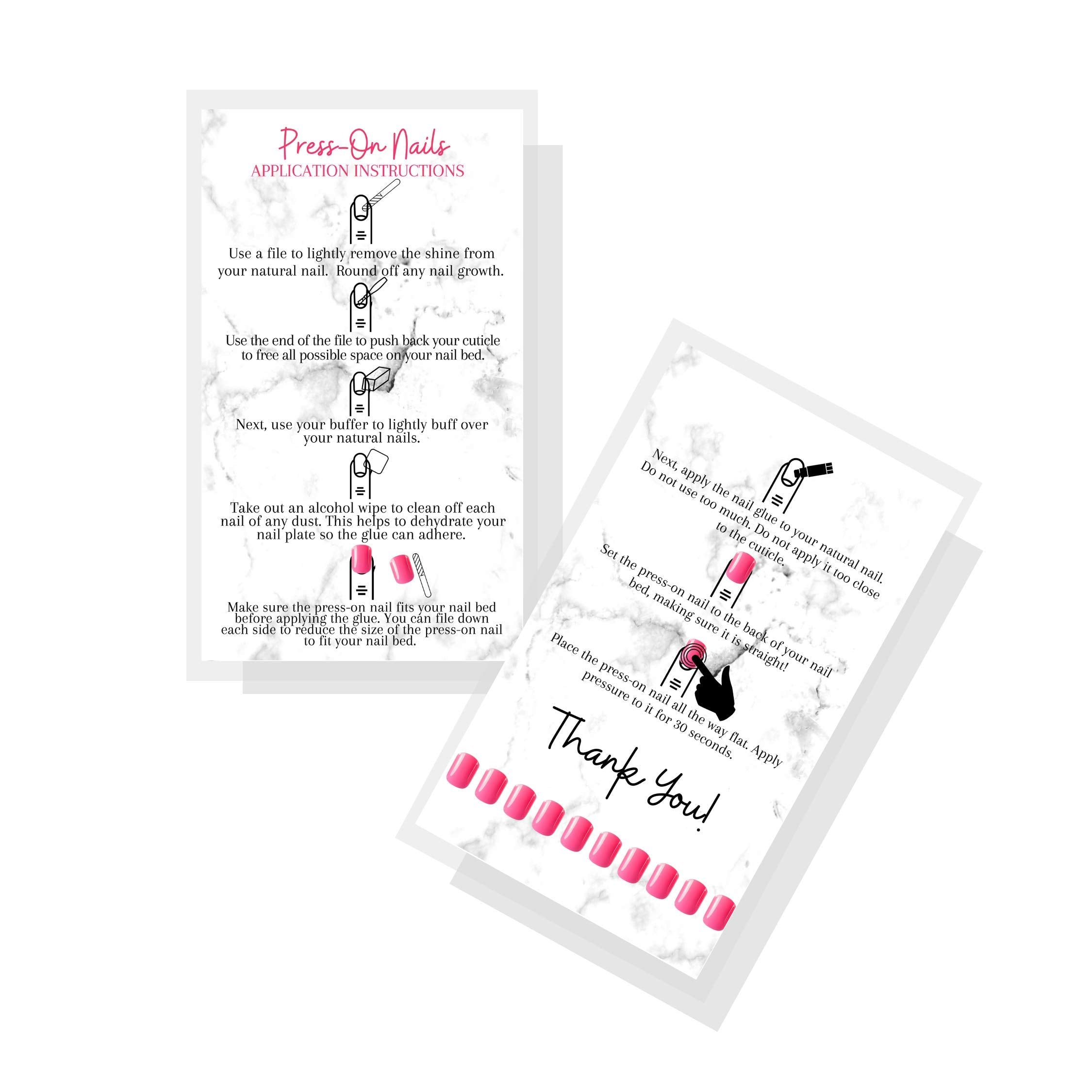 Press-On Nail Application Instructions Cards | 50 Pack | 2X3.5' Inch Business Card Size | Diy Press-On Nail Kit | Marble With P
