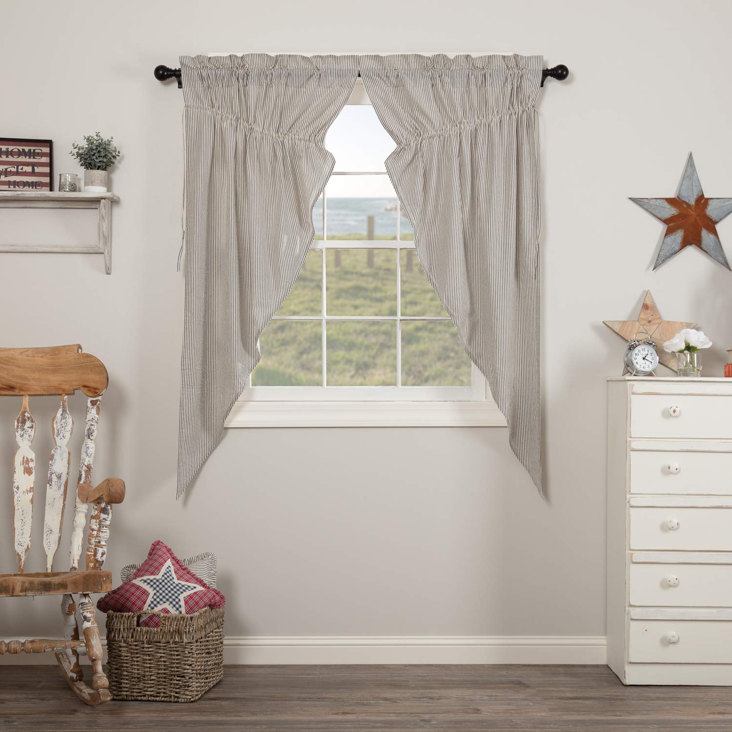 VHC Brands Americana Hatteras Blue Ticking Rod Pocket Cotton Drawstring Ties Seersucker Striped Curtain, Prairie Panel 63x36x18