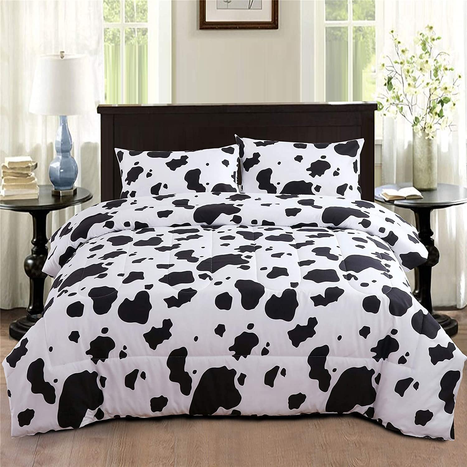 Perfemet 3Pcs Cow Print Comforter Set Full Size Black White Cartoon Cute Geometric Bedding Set Soft Reversible Plaid Grid Bed Qu
