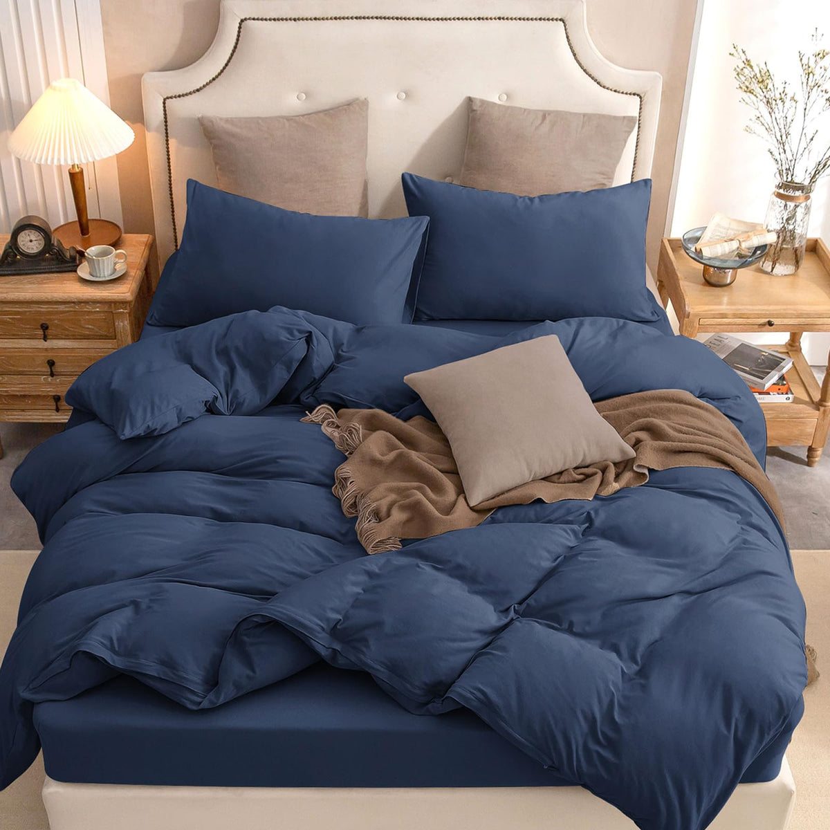 Pure Era Jersey Knit Duvet Cover Set 100% T-Shirt Cotton Super Soft Comfy 3Pc Bedding Set With Zipper Closure (Solid Navy Blue,